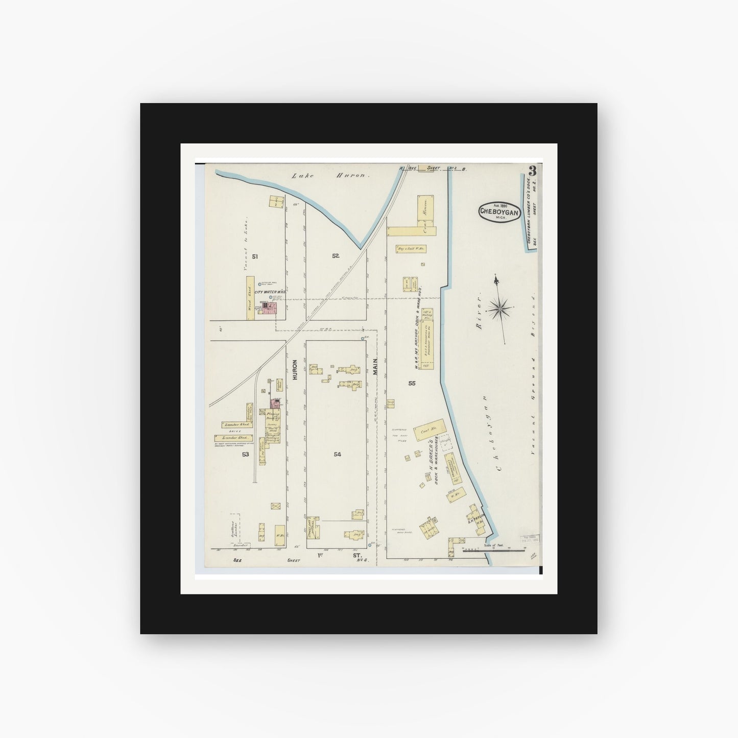 Old map wall art mockup — black gallery frame with white mat — Sanborn Fire Insurance Map from Cheboygan, Cheboygan County, Michigan (1890), Sheet #0003