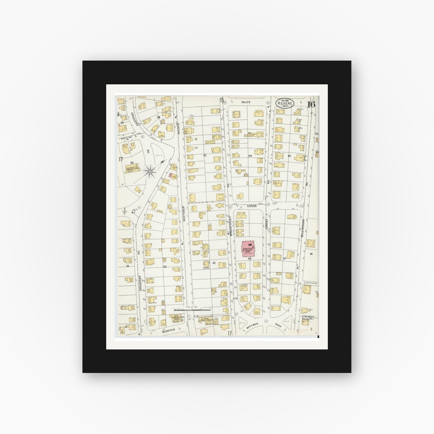 Old map wall art mockup — black gallery frame with white mat — Sanborn Fire Insurance Map from Revere, Suffolk County, Massachusetts (1900), Sheet #0016