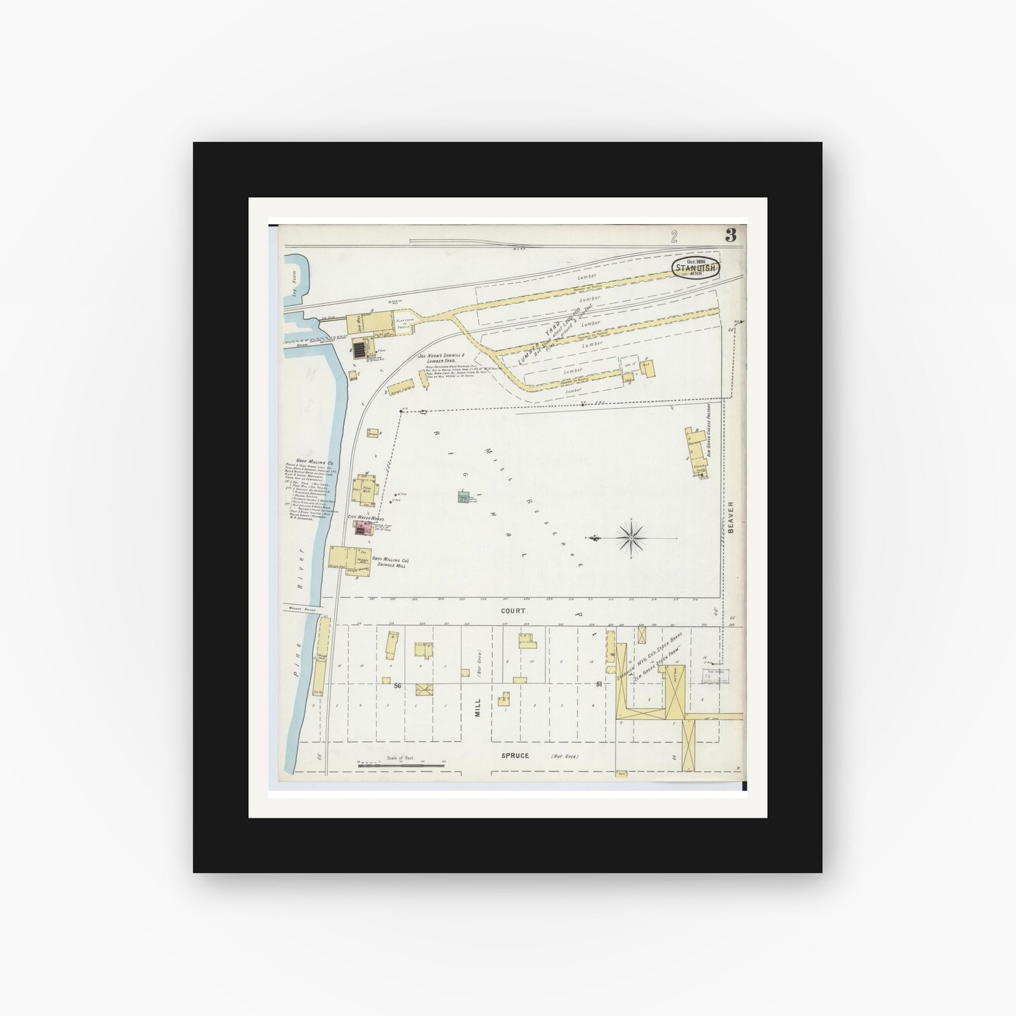 Old map wall art mockup — black gallery frame with white mat — Sanborn Fire Insurance Map from Standish, Arenac County, Michigan (1895), Sheet #0003