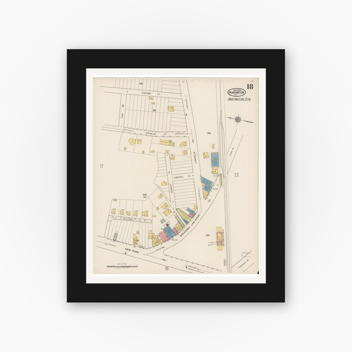 Old map wall art mockup — black gallery frame with white mat — Sanborn Fire Insurance Map from Huntington, Suffolk County, New York (1922), Sheet #0018