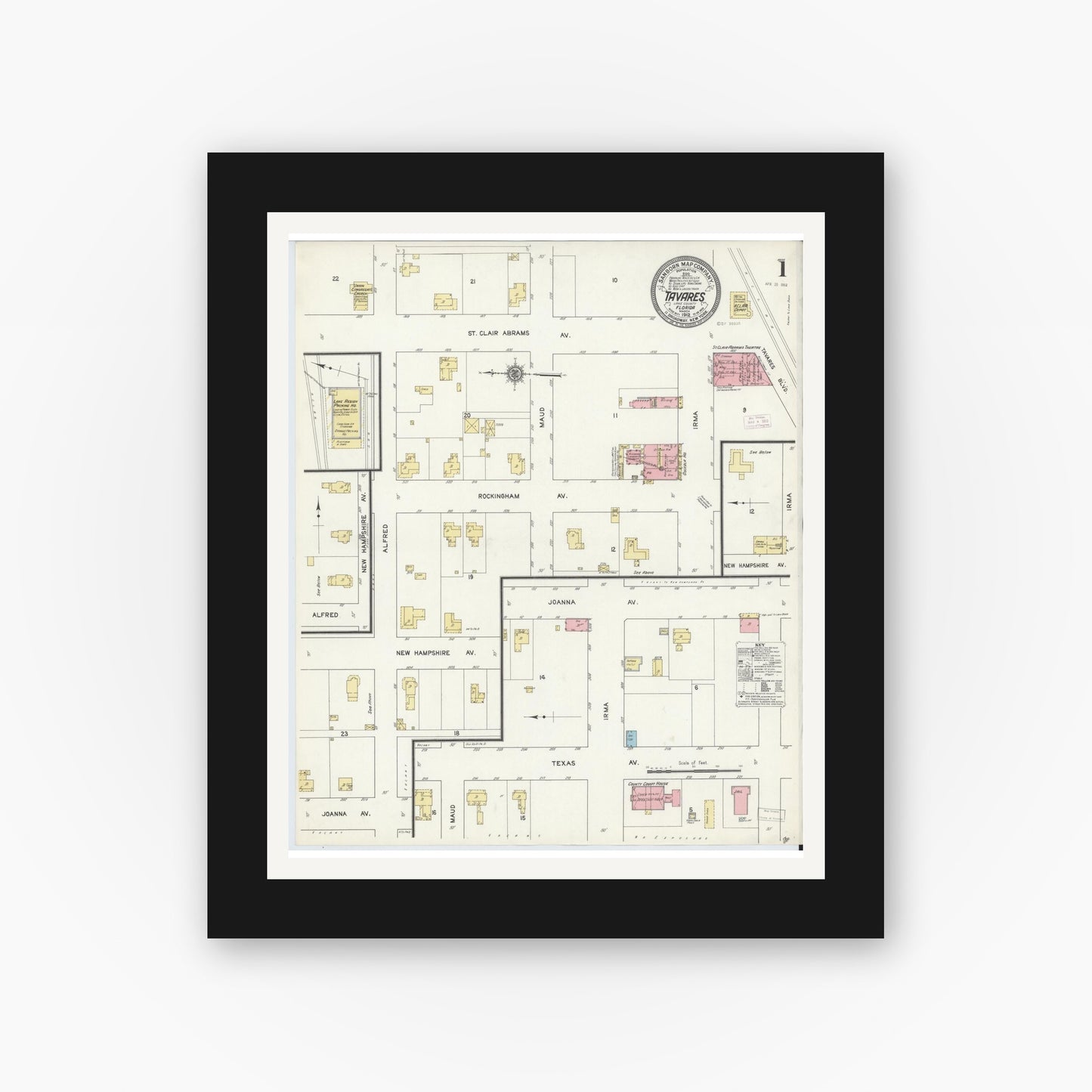 Old map wall art mockup — black gallery frame with white mat — Sanborn Fire Insurance Map from Tavares, Lake County, Florida (1912), Sheet #0001
