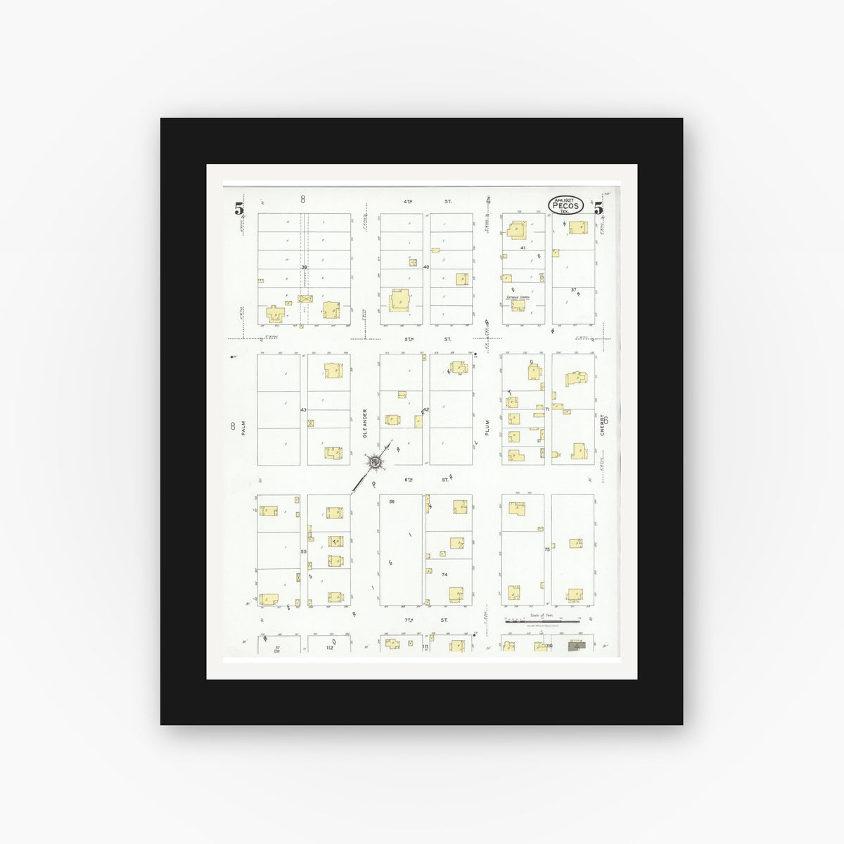 Old map wall art mockup — black gallery frame with white mat — Sanborn Fire Insurance Map from Pecos, Reeves County, Texas (1927), Sheet #0005