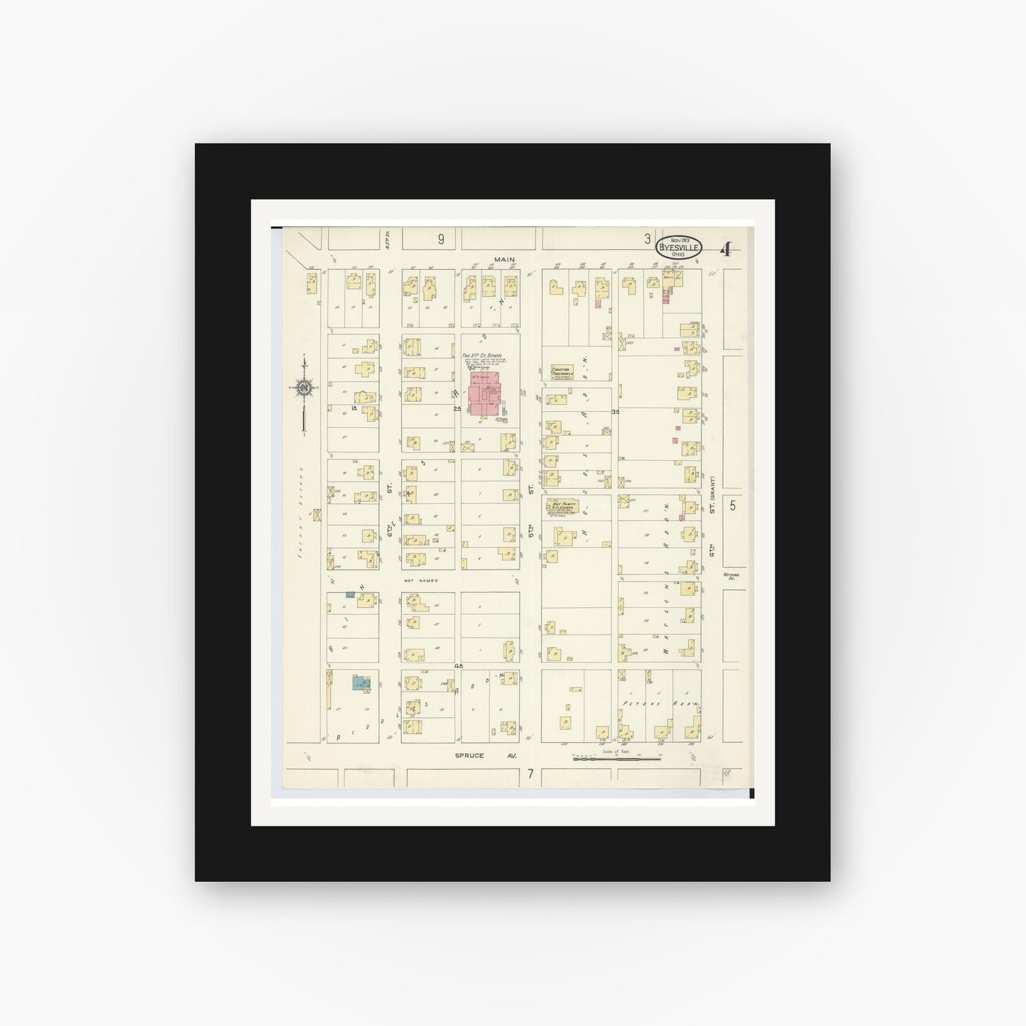 Old map wall art mockup — black gallery frame with white mat — Sanborn Fire Insurance Map from Byesville, Guernsey County, Ohio (1913), Sheet #0004