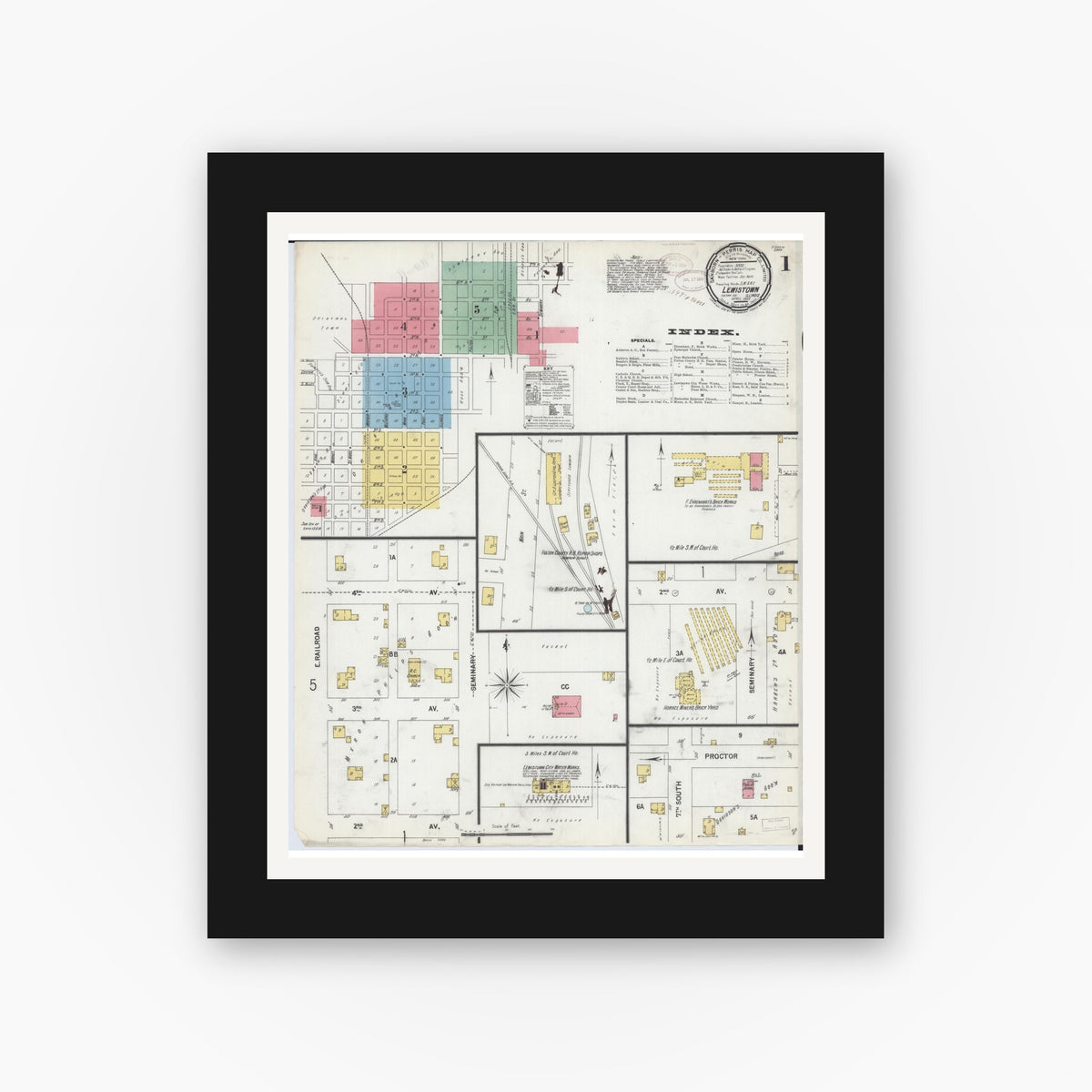 Old map wall art mockup — black gallery frame with white mat — Sanborn Fire Insurance Map from Lewistown, Fulton County, Illinois (1899) - Complete Map Set