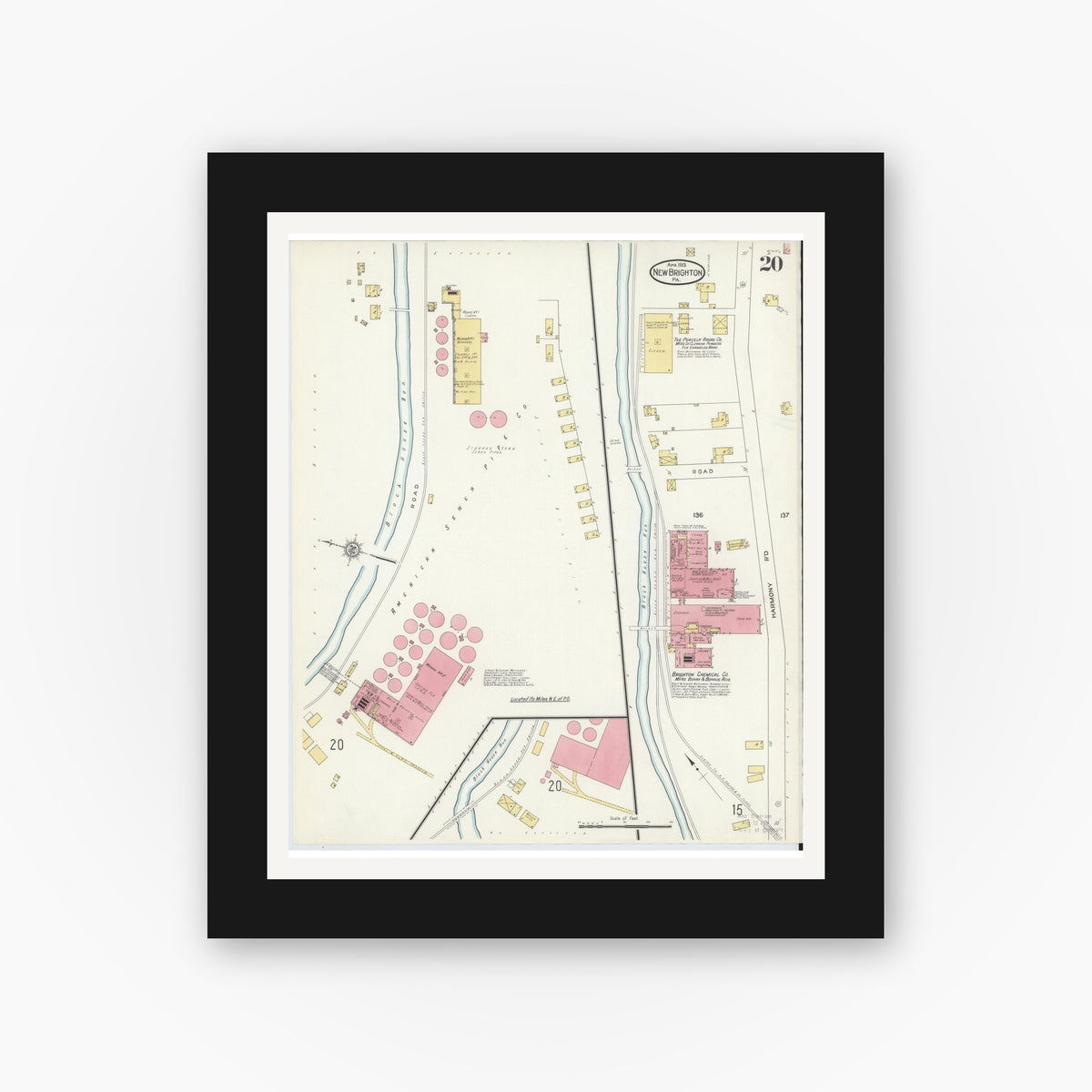 Old map wall art mockup β black gallery frame with white mat β Sanborn Fire Insurance Map from New Brighton, Beaver County, Pennsylvania (1913), Sheet #0020