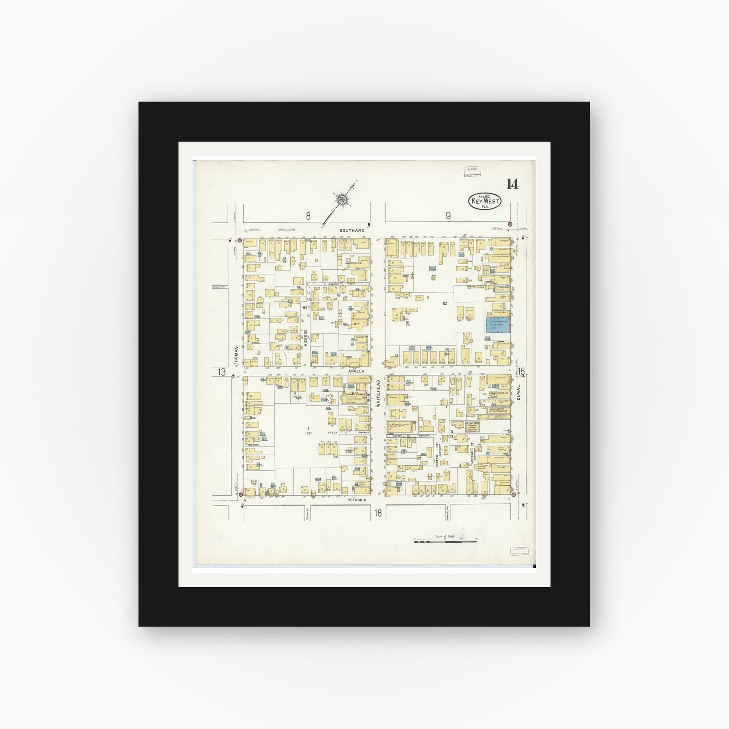 Old map wall art mockup — black gallery frame with white mat — Sanborn Fire Insurance Map from Key West, Monroe County, Florida (1912), Sheet #0014