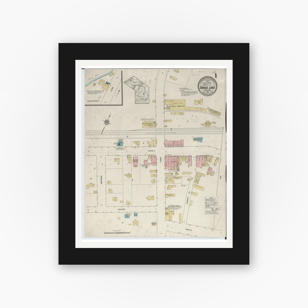 Old map wall art mockup — black gallery frame with white mat — Sanborn Fire Insurance Map from Grass Lake, Jackson County, Michigan (1913), Sheet #0001