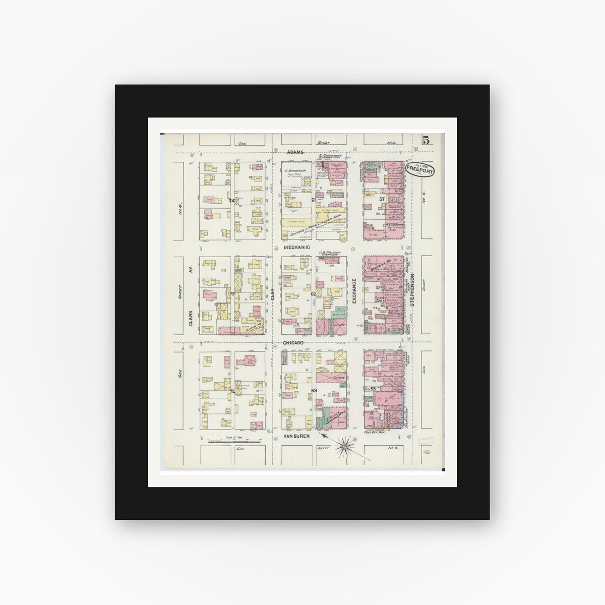 Old map wall art mockup — black gallery frame with white mat — Sanborn Fire Insurance Map from Freeport, Stephenson County, Illinois (1890), Sheet #0005