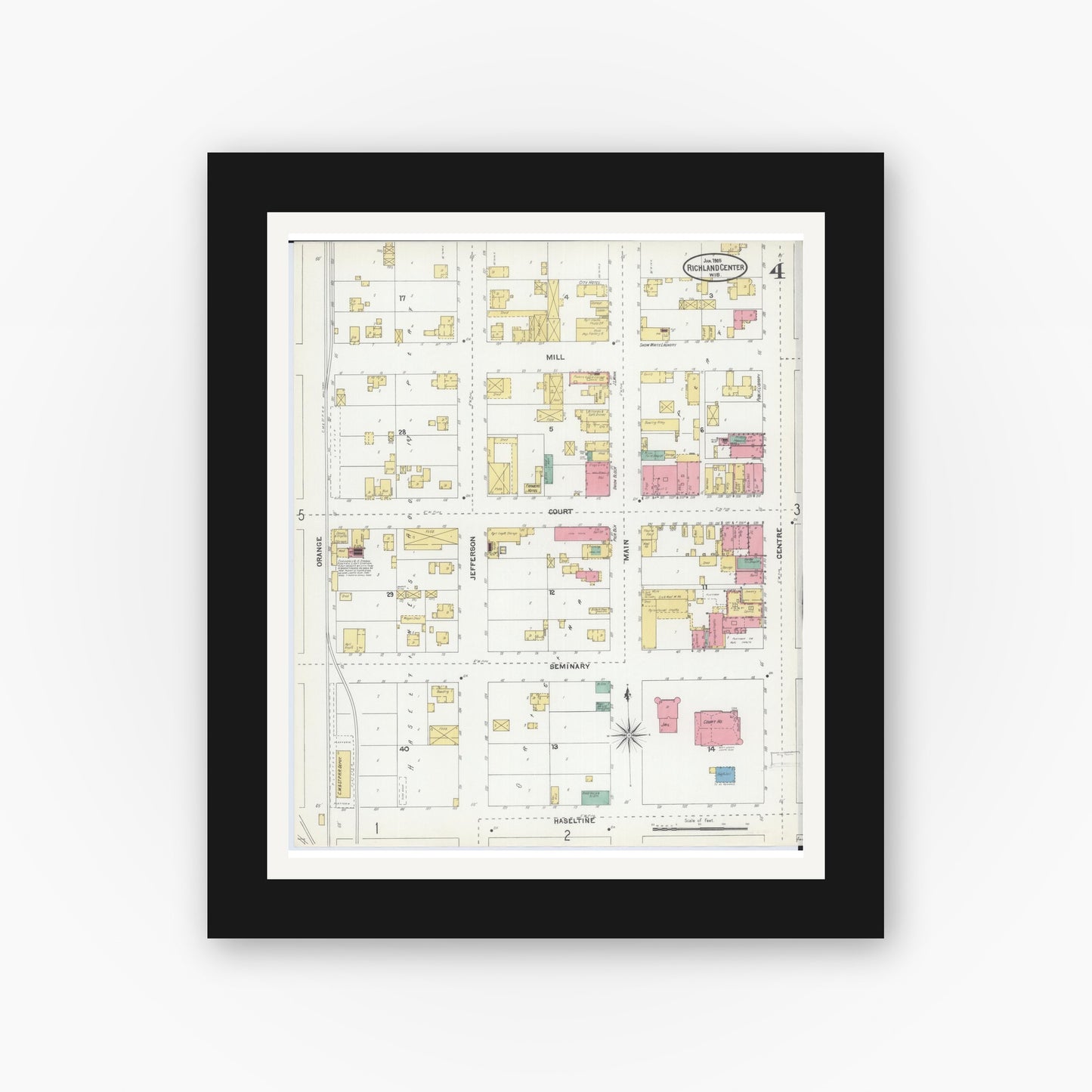 Old map wall art mockup — black gallery frame with white mat — Sanborn Fire Insurance Map from Richland Center, Richland County, Wisconsin (1905), Sheet #0004