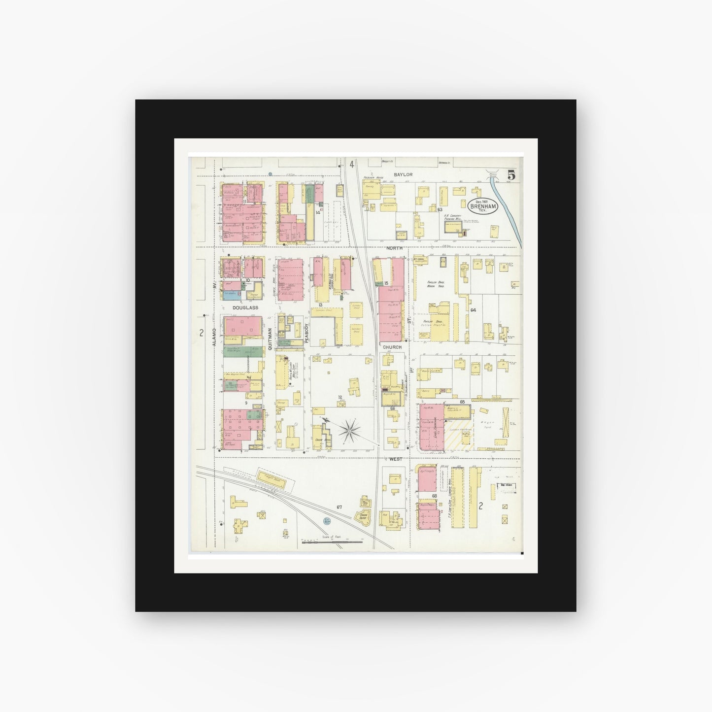 Old map wall art mockup — black gallery frame with white mat — Sanborn Fire Insurance Map from Brenham, Washington County, Texas (1901), Sheet #0005