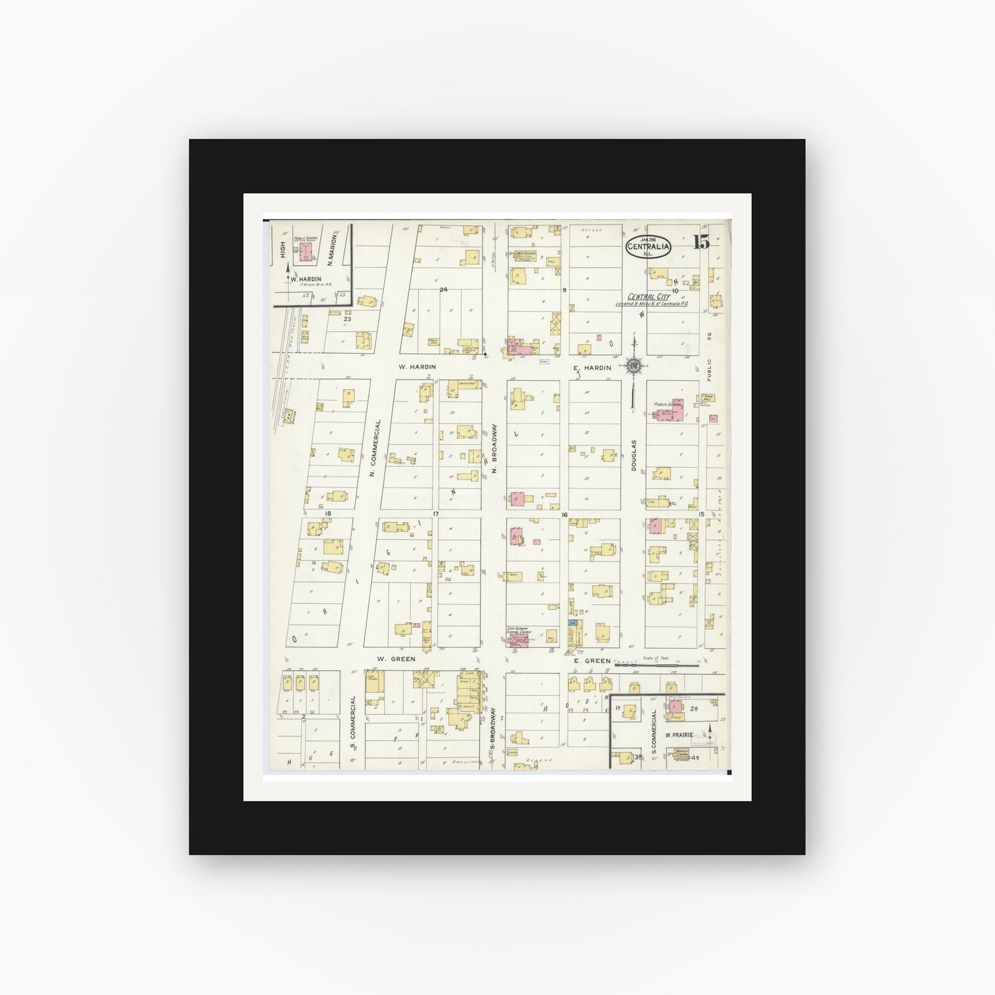 Old map wall art mockup — black gallery frame with white mat — Sanborn Fire Insurance Map from Centralia, Marion, Clinton, Jefferson, and Washington Counties, Illinois (1916), Sheet #0015