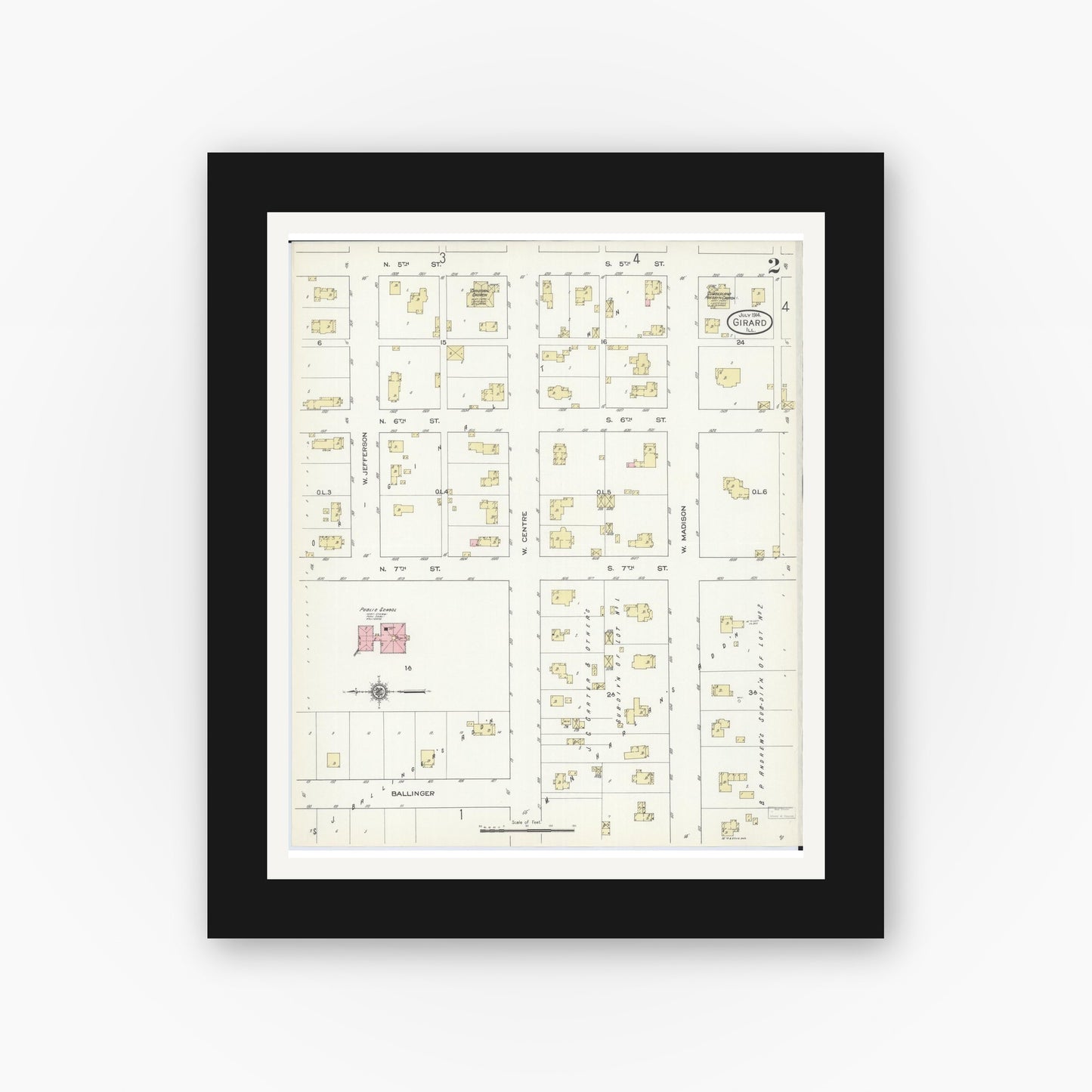 Old map wall art mockup — black gallery frame with white mat — Sanborn Fire Insurance Map from Girard, Macoupin County, Illinois (1914), Sheet #0002