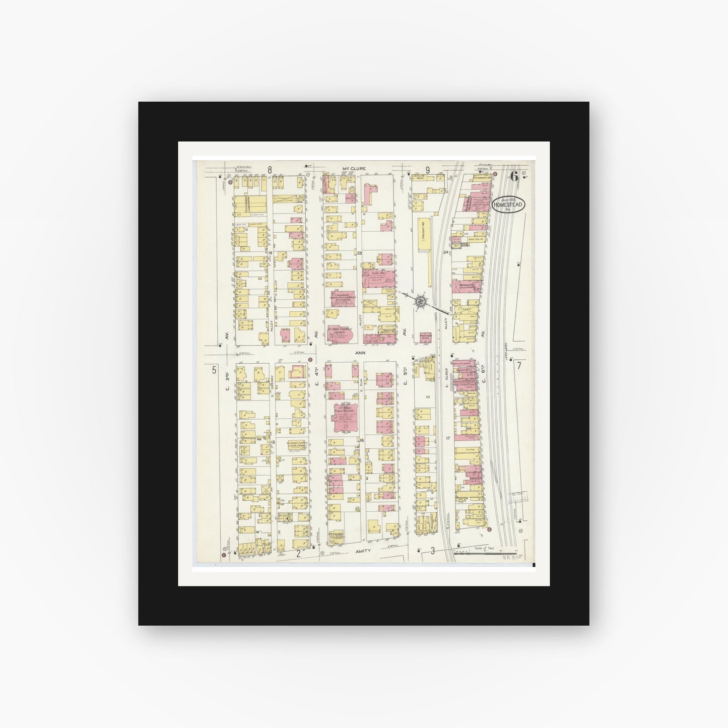 Old map wall art mockup — black gallery frame with white mat — Sanborn Fire Insurance Map from Homestead, Allegheny County, Pennsylvania (1913), Sheet #0006
