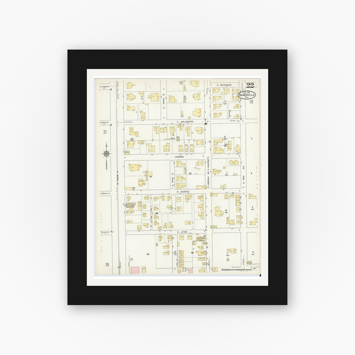 Old map wall art mockup — black gallery frame with white mat — Sanborn Fire Insurance Map from Gainesville, Alachua County, Florida (1913), Sheet #0022
