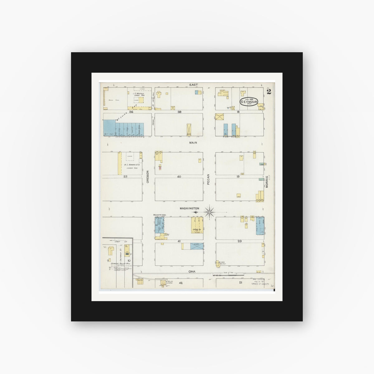 Old map wall art mockup — black gallery frame with white mat — Sanborn Fire Insurance Map from Seymour, Baylor County, Texas (1892), Sheet #0002