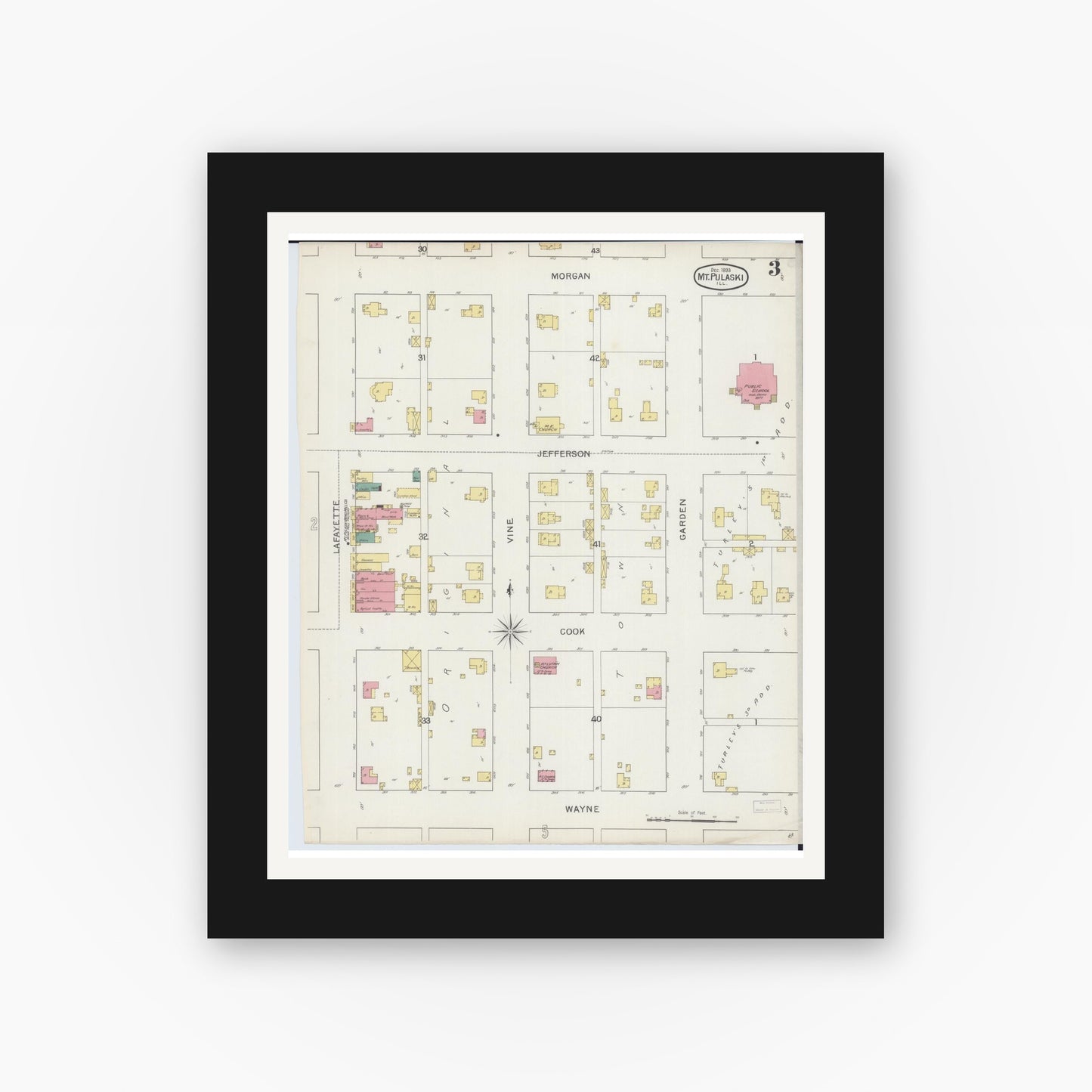 Old map wall art mockup — black gallery frame with white mat — Sanborn Fire Insurance Map from Mount Pulaski, Logan County, Illinois (1893), Sheet #0003