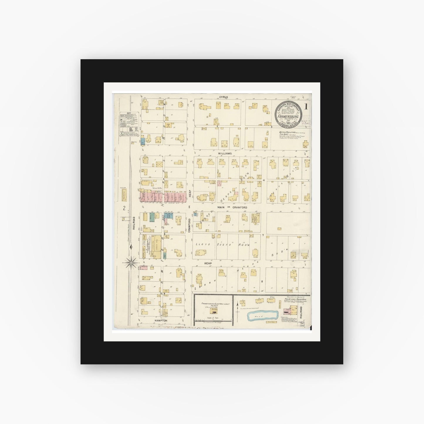 Old map wall art mockup — black gallery frame with white mat — Sanborn Fire Insurance Map from Farmland, Randolph County, Indiana (1907) - Complete Map Set