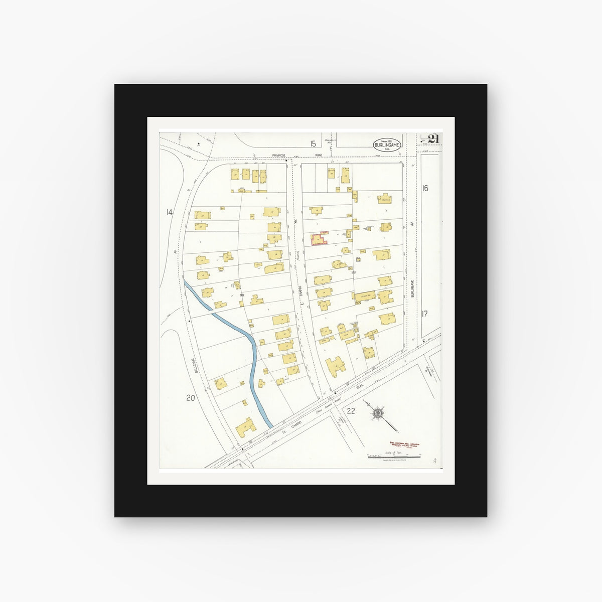 Old map wall art mockup — black gallery frame with white mat — Sanborn Fire Insurance Map from Burlingame, San Mateo County, California (1921), Sheet #0021