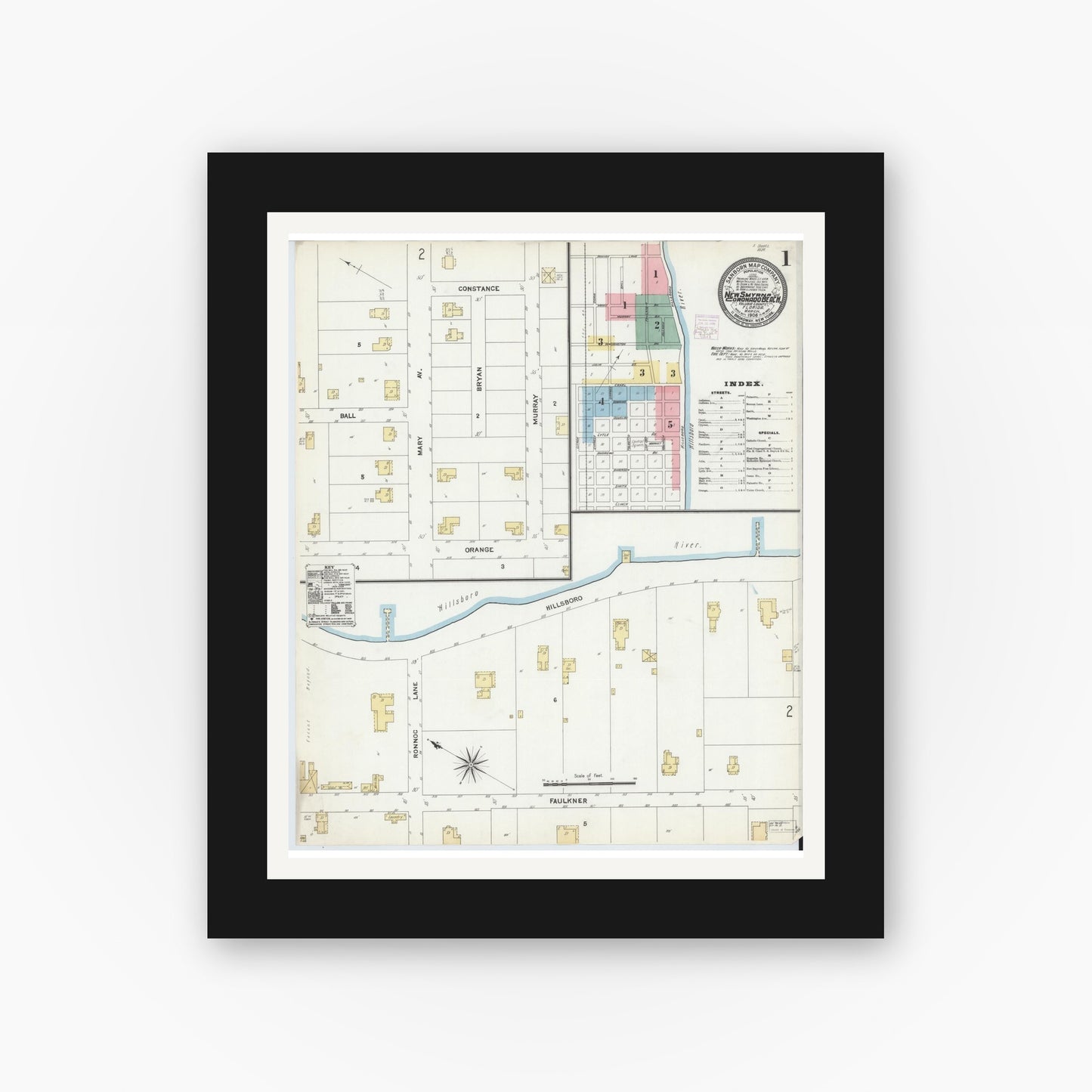 Old map wall art mockup — black gallery frame with white mat — Sanborn Fire Insurance Map from New Smyrna, Valusia County, Florida (1906), Sheet #0001