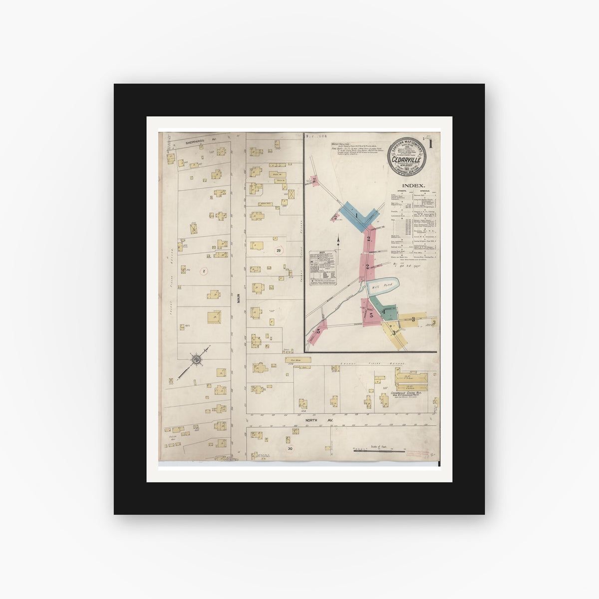 Old map wall art mockup — black gallery frame with white mat — Sanborn Fire Insurance Map from Cedarville, Cumberland County, New Jersey (1928) - Complete Map Set