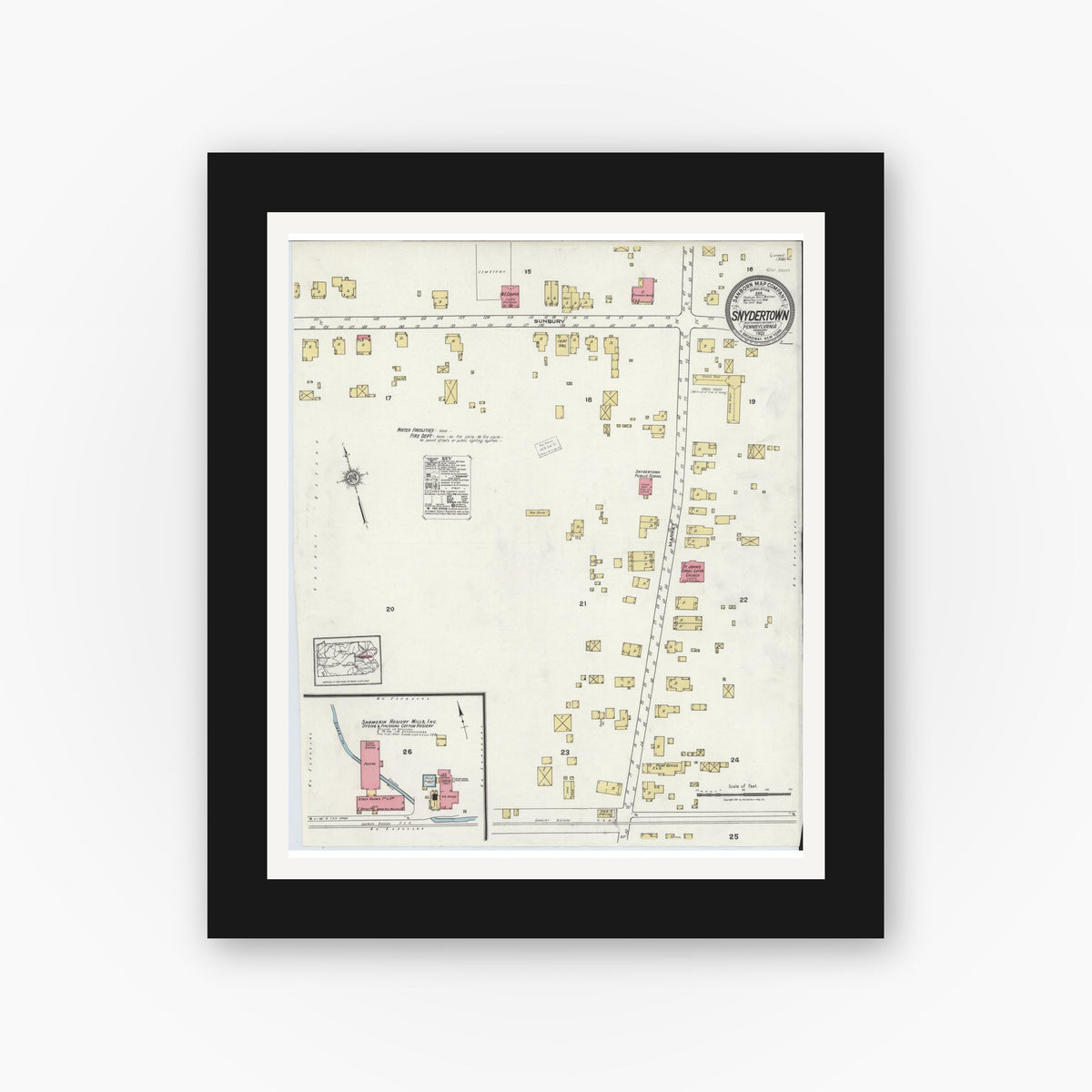 Old map wall art mockup — black gallery frame with white mat — Sanborn Fire Insurance Map from Snydertown, Northumberland County, Pennsylvania (1921), Sheet #0001