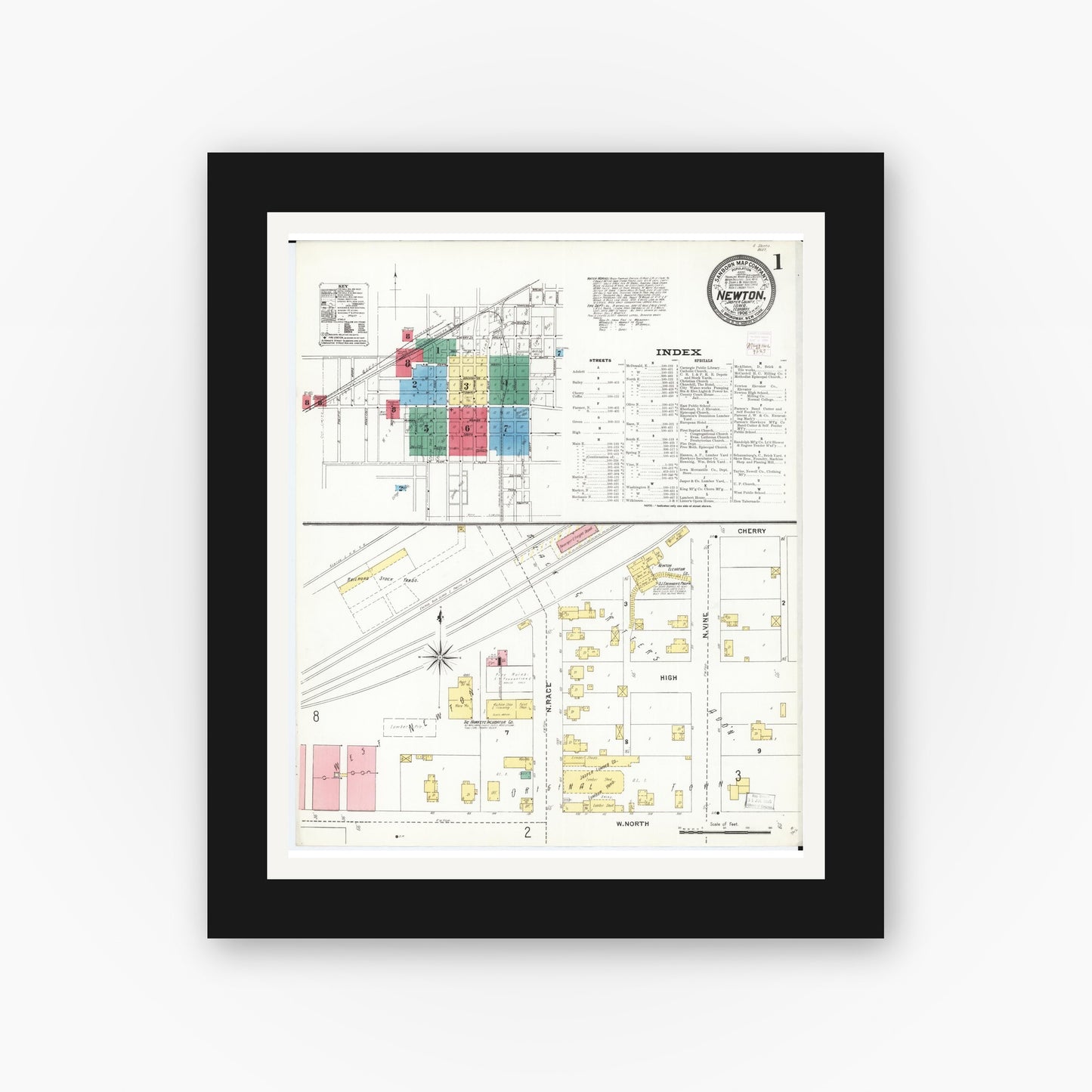 Old map wall art mockup — black gallery frame with white mat — Sanborn Fire Insurance Map from Newton, Jasper County, Iowa (1906) — Complete Set