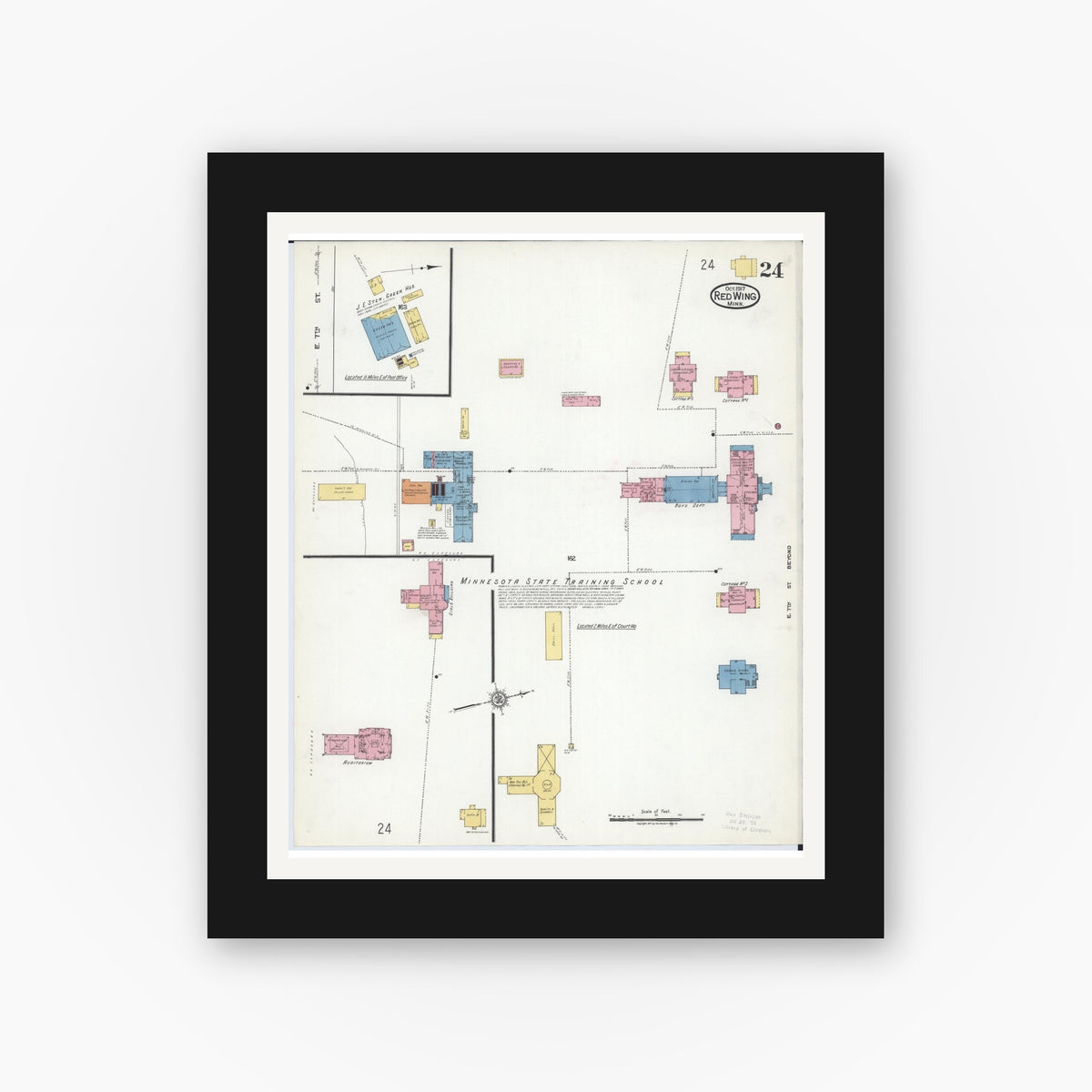 Old map wall art mockup — black gallery frame with white mat — Sanborn Fire Insurance Map from Red Wing, Goodhue County, Minnesota (1917), Sheet #0024