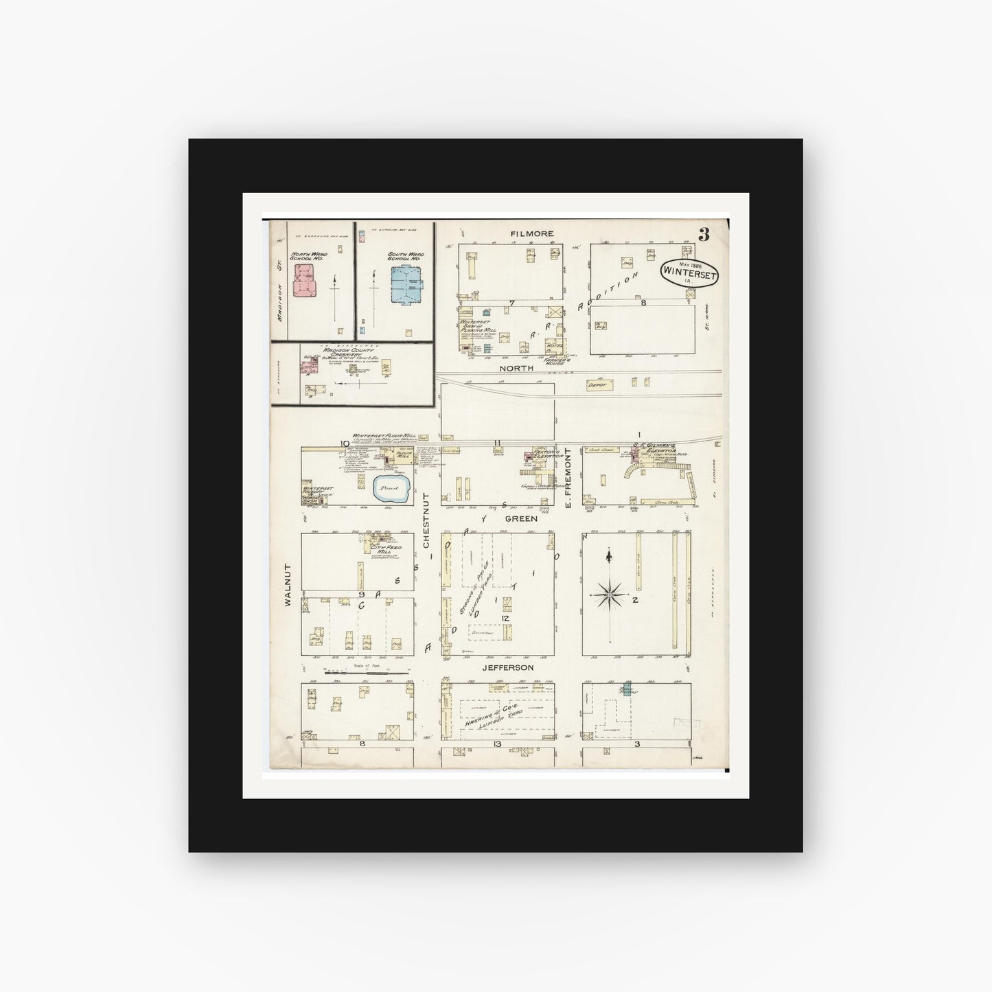 Old map wall art mockup — black gallery frame with white mat — Sanborn Fire Insurance Map from Winterset, Madison County, Iowa (1886), Sheet #0003