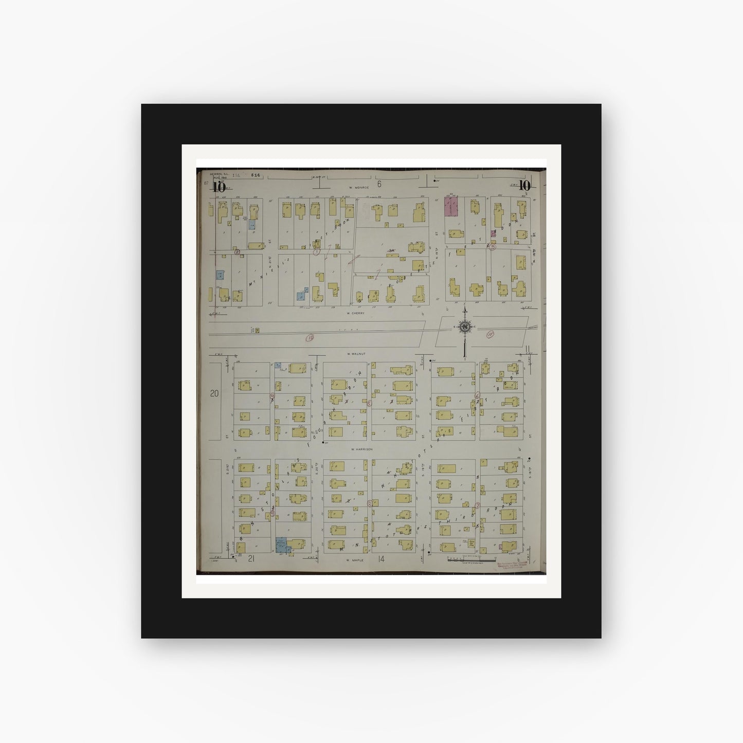 Old map wall art mockup — black gallery frame with white mat — Sanborn Fire Insurance Map from Herrin, Williamson County, Illinois (1947), Sheet #0010