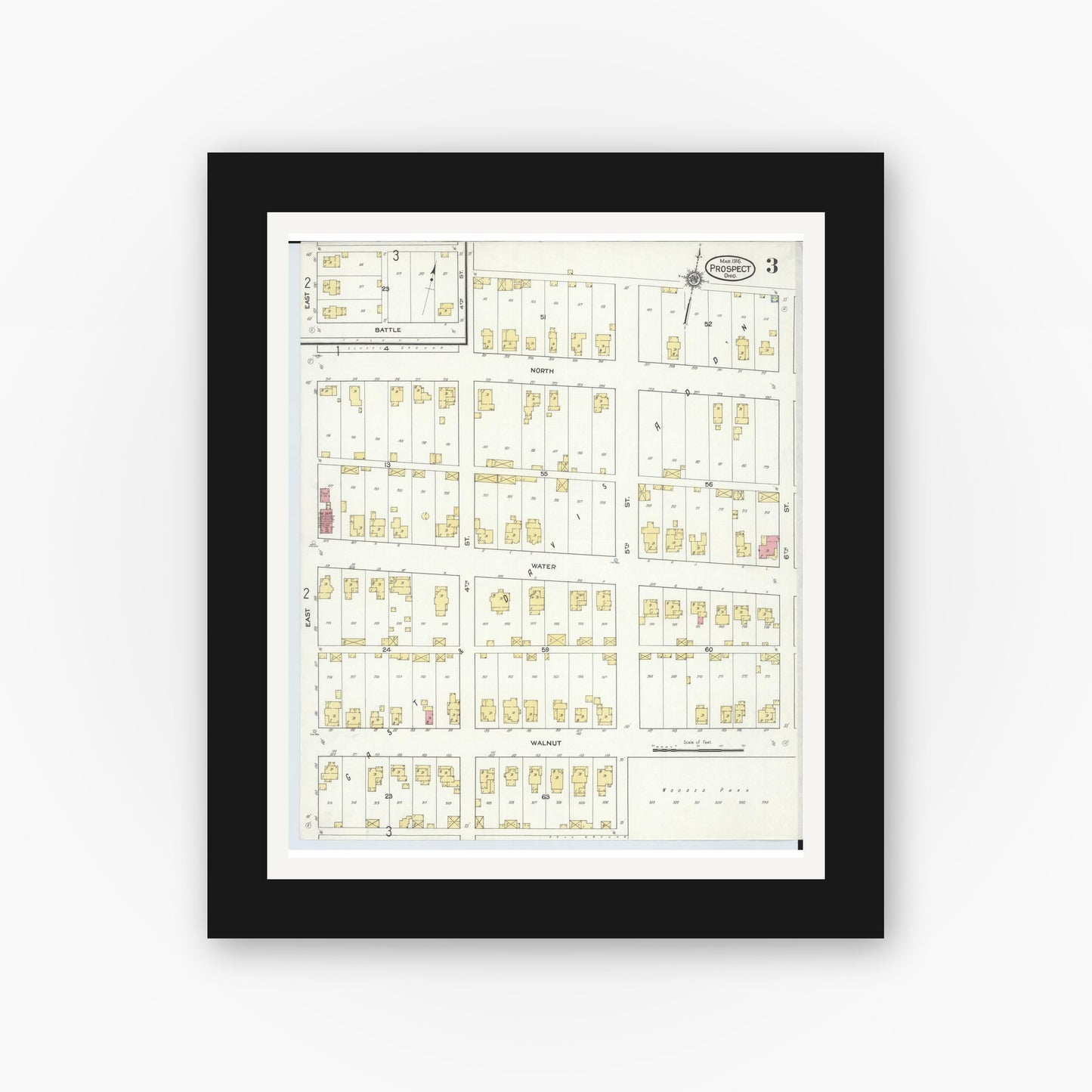 Old map wall art mockup — black gallery frame with white mat — Sanborn Fire Insurance Map from Prospect, Marion County, Ohio (1916), Sheet #0003