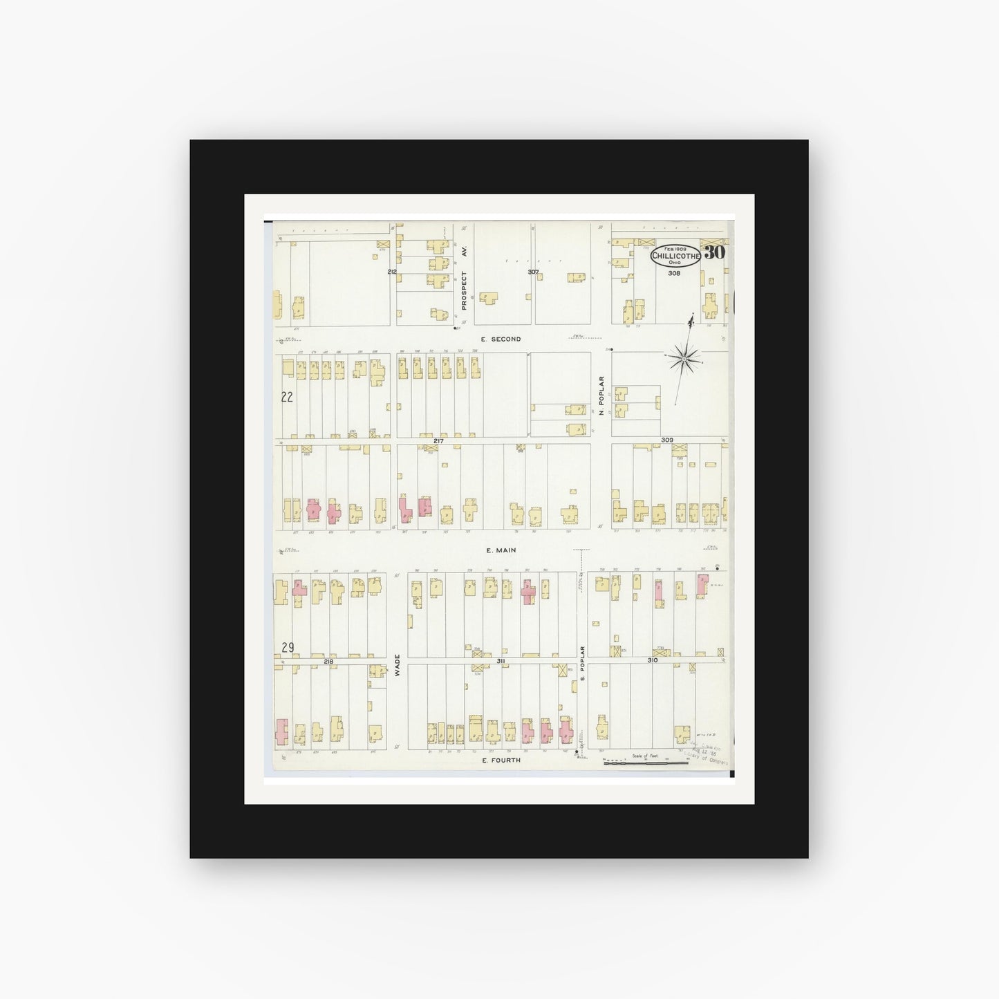 Old map wall art mockup — black gallery frame with white mat — Sanborn Fire Insurance Map from Chillicothe, Ross County, Ohio (1909), Sheet #0030