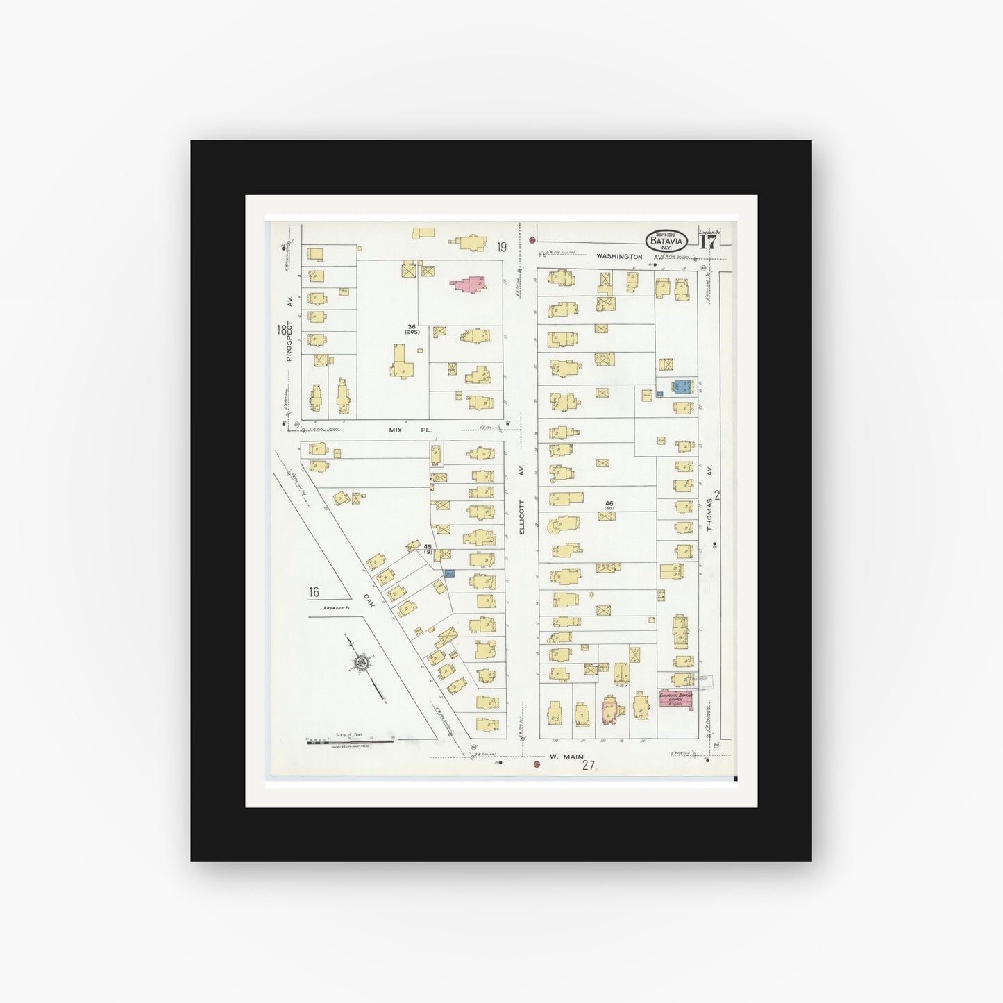 Old map wall art mockup — black gallery frame with white mat — Sanborn Fire Insurance Map from Batavia, Genesee County, New York (1919), Sheet #0017
