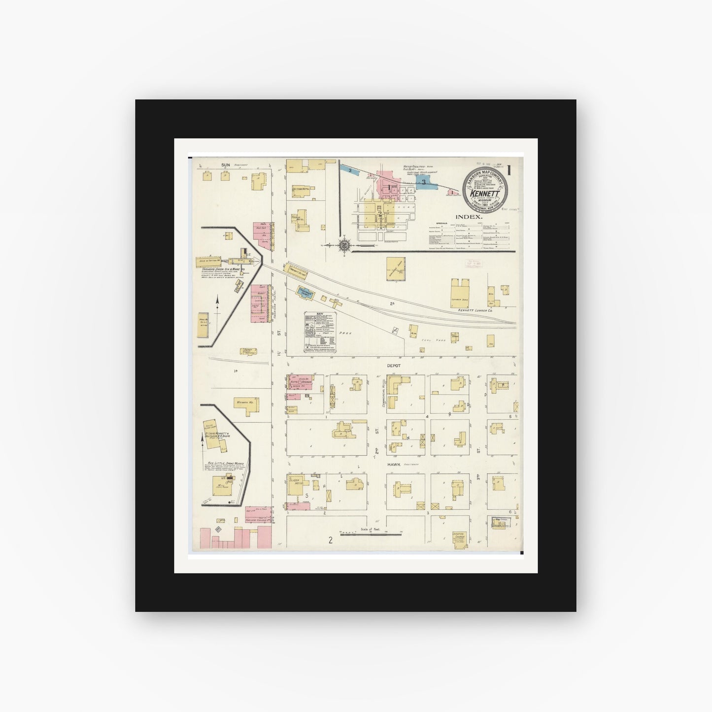 Old map wall art mockup — black gallery frame with white mat — Sanborn Fire Insurance Map from Kennett, Dunklin County, Missouri (1911), Sheet #0001