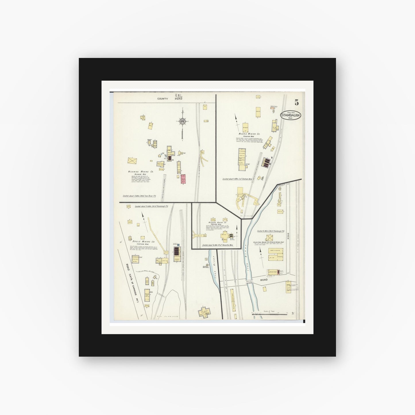 Old map wall art mockup — black gallery frame with white mat — Sanborn Fire Insurance Map from Stambaugh, Iron County, Michigan (1913), Sheet #0005