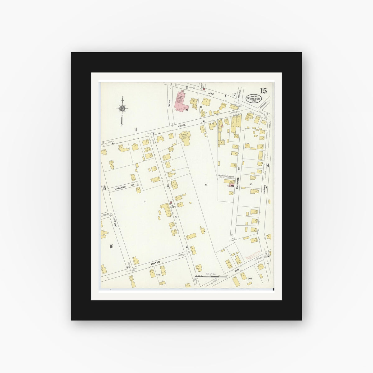 Old map wall art mockup — black gallery frame with white mat — Sanborn Fire Insurance Map from Webster, Worcester County, Massachusetts (1911), Sheet #0015