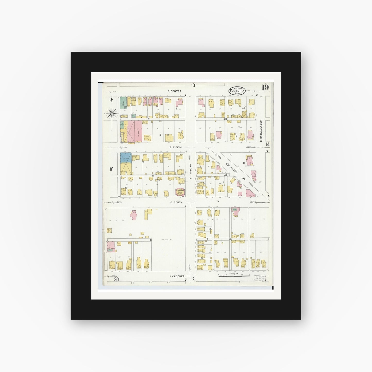 Old map wall art mockup — black gallery frame with white mat — Sanborn Fire Insurance Map from Fostoria, Seneca, Hancock, And Wood Counties, Ohio (1908), Sheet #0019