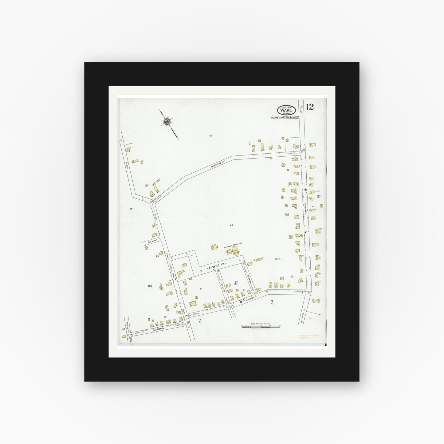Old map wall art mockup — black gallery frame with white mat — Sanborn Fire Insurance Map from Ware, Hampshire County, Massachusetts (1919), Sheet #0012
