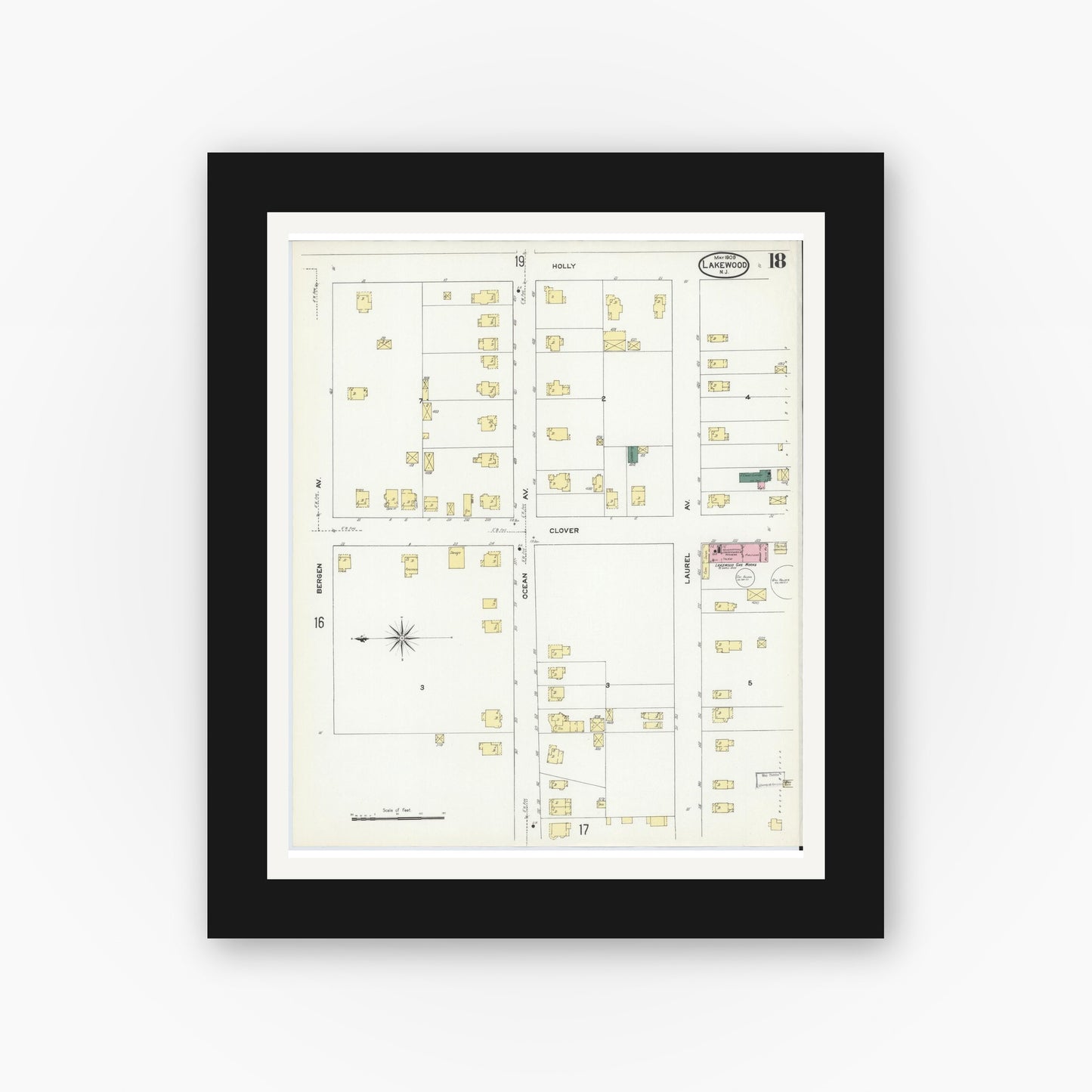 Old map wall art mockup — black gallery frame with white mat — Sanborn Fire Insurance Map from Lakewood, Ocean County, New Jersey (1909), Sheet #0018