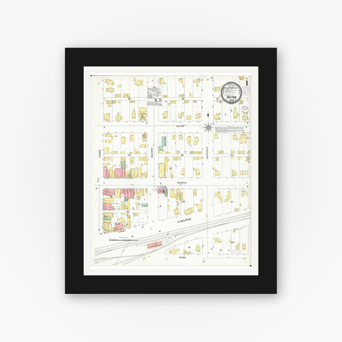 Old map wall art mockup — black gallery frame with white mat — Sanborn Fire Insurance Map from Wilton Junction, Muscatine County, Iowa (1901) — Complete Set