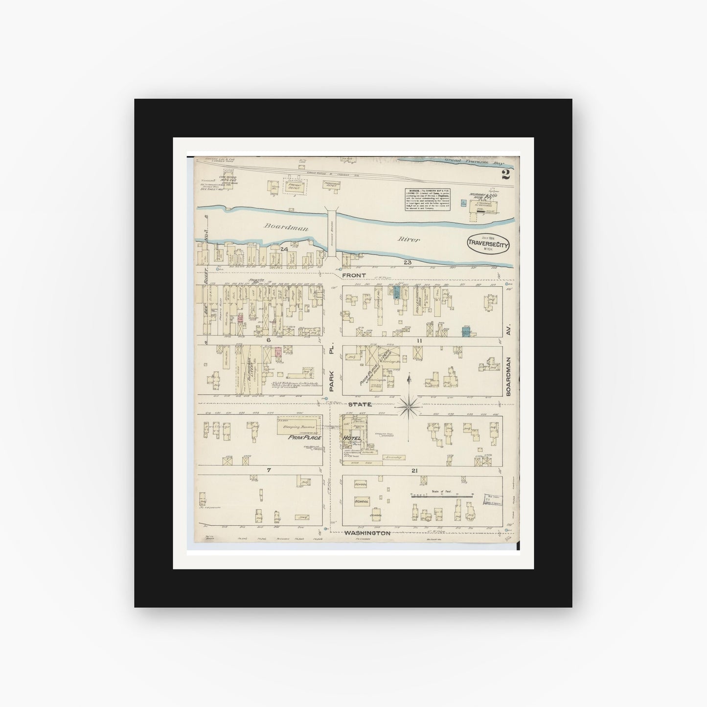 Old map wall art mockup — black gallery frame with white mat — Sanborn Fire Insurance Map from Traverse City, Grand Traverse County, Michigan (1884), Sheet #0002