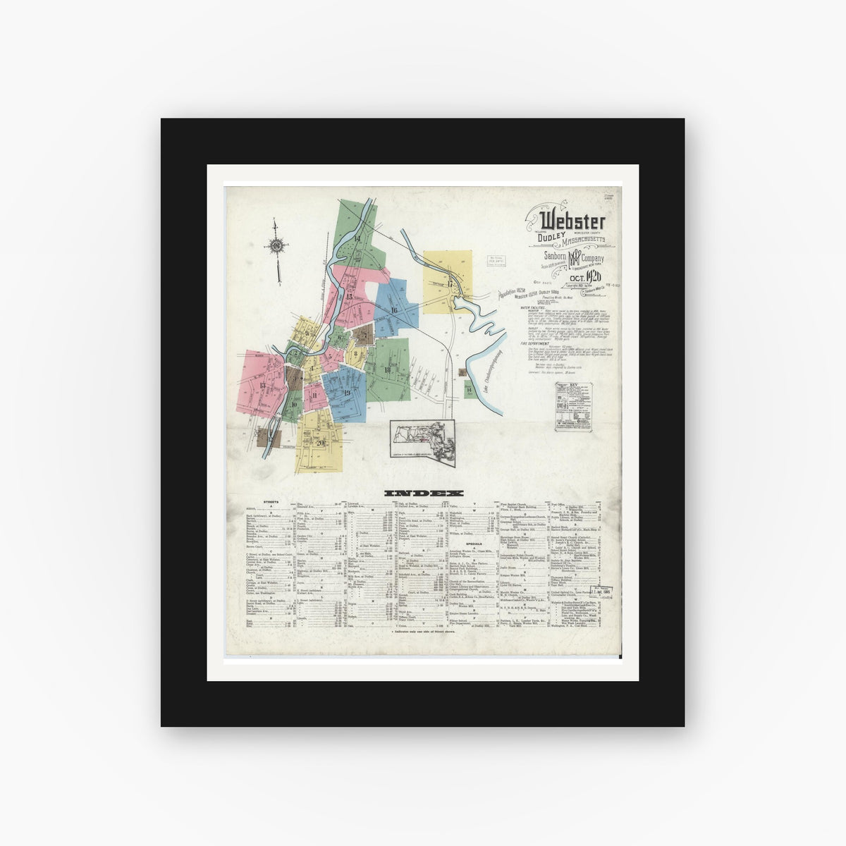 Old map wall art mockup — black gallery frame with white mat — Sanborn Fire Insurance Map from Webster, Worcester County, Massachusetts (1920) - Complete Map Set