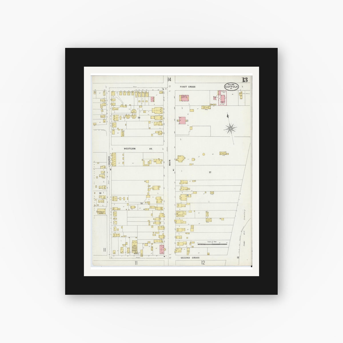 Old map wall art mockup — black gallery frame with white mat — Sanborn Fire Insurance Map from Suffolk, Independent Cities, Virginia (1898), Sheet #0013