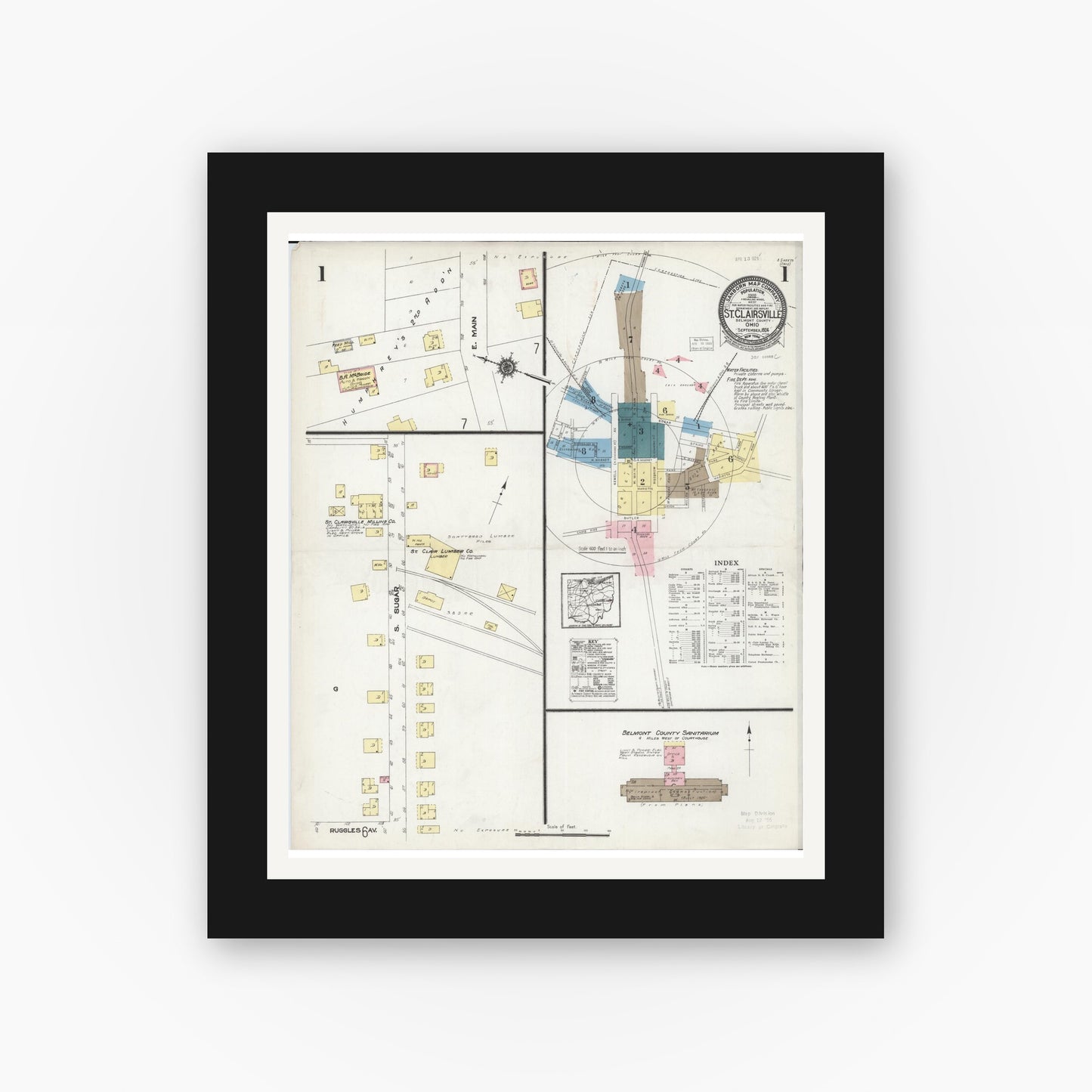 Old map wall art mockup — black gallery frame with white mat — Sanborn Fire Insurance Map from Saint Clairsville, Belmont County, Ohio (1924), Sheet #0001