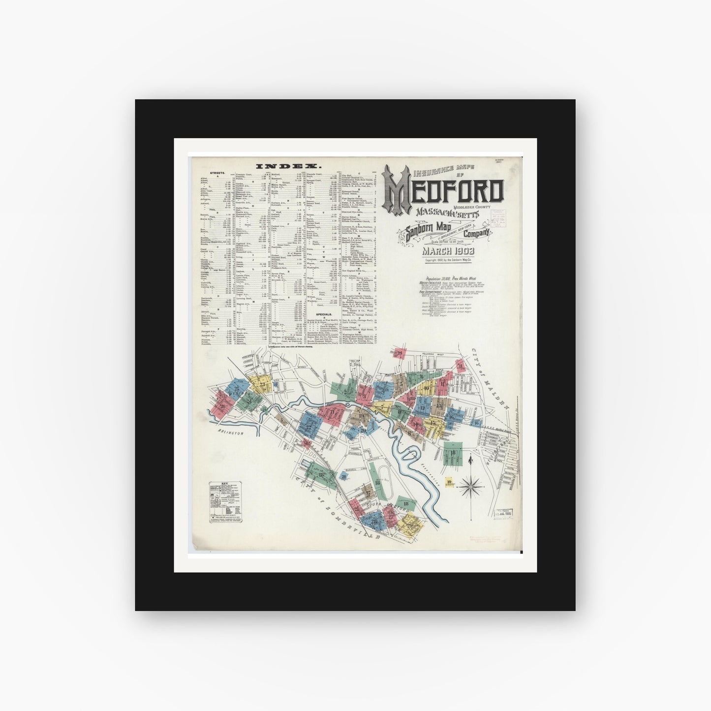 Old map wall art mockup — black gallery frame with white mat — Sanborn Fire Insurance Map from Medford, Middlesex County, Massachusetts (1903) - Complete Map Set