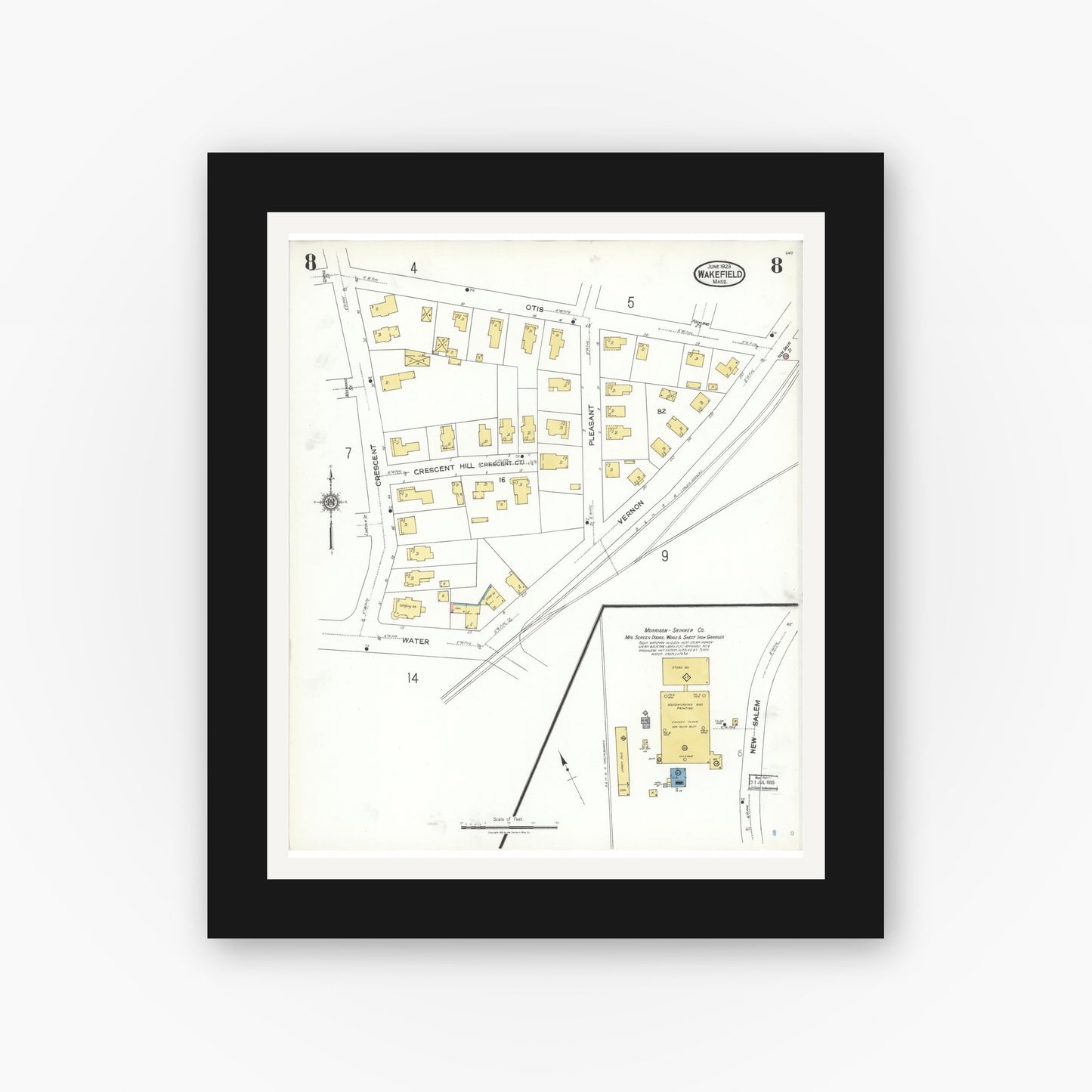 Old map wall art mockup — black gallery frame with white mat — Sanborn Fire Insurance Map from Wakefield, Middlesex County, Massachusetts (1923), Sheet #0008