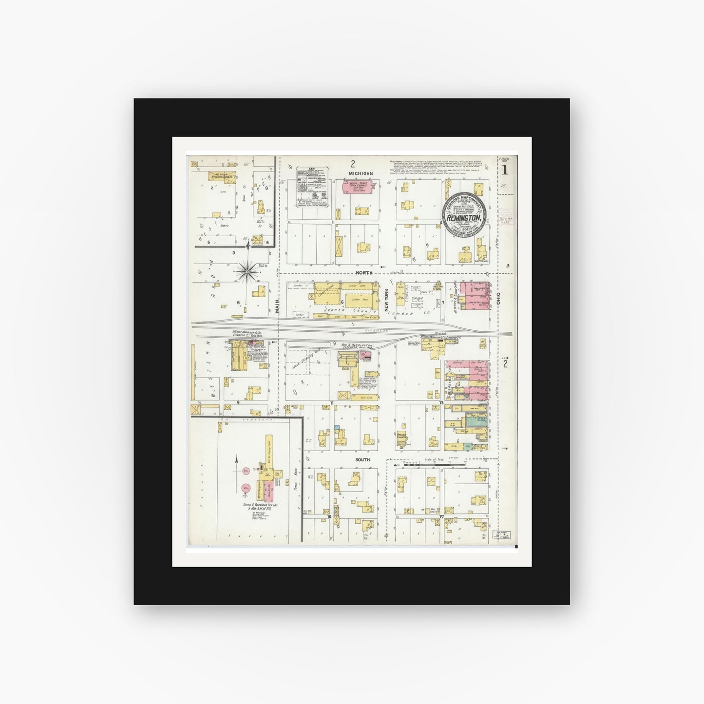 Old map wall art mockup — black gallery frame with white mat — Sanborn Fire Insurance Map from Remington, Jasper County, Indiana (1904) - Complete Map Set