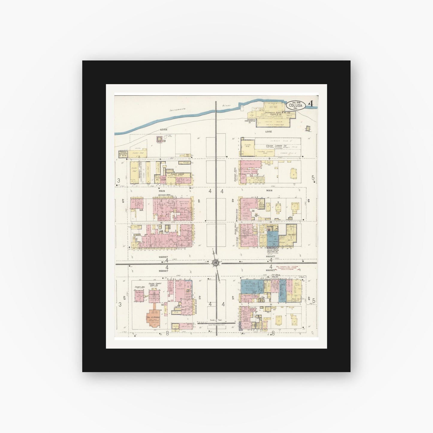 Old map wall art mockup — black gallery frame with white mat — Sanborn Fire Insurance Map from Colusa, Colusa County, California (1918), Sheet #0004