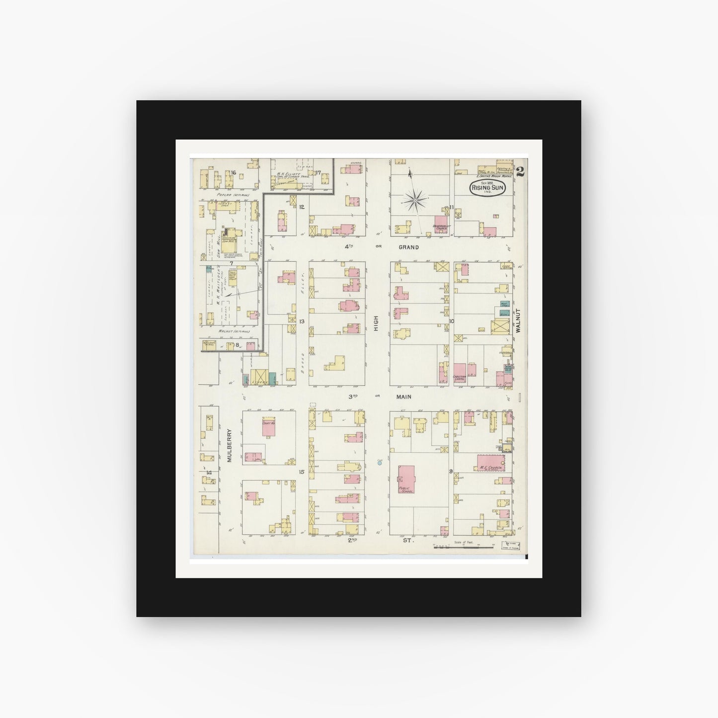 Old map wall art mockup — black gallery frame with white mat — Sanborn Fire Insurance Map from Rising Sun, Ohio County, Indiana (1892), Sheet #0002