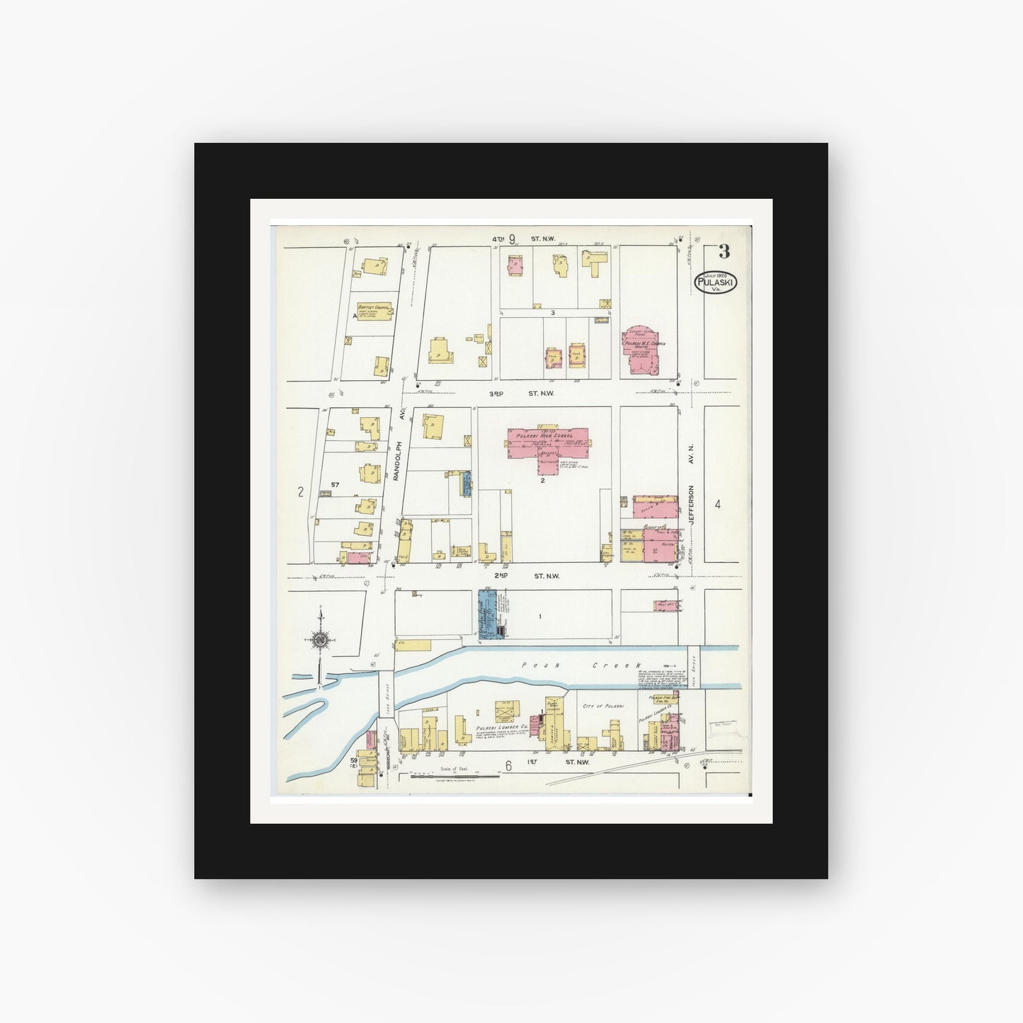 Old map wall art mockup — black gallery frame with white mat — Sanborn Fire Insurance Map from Pulaski, Pulaski County, Virginia (1920), Sheet #0003