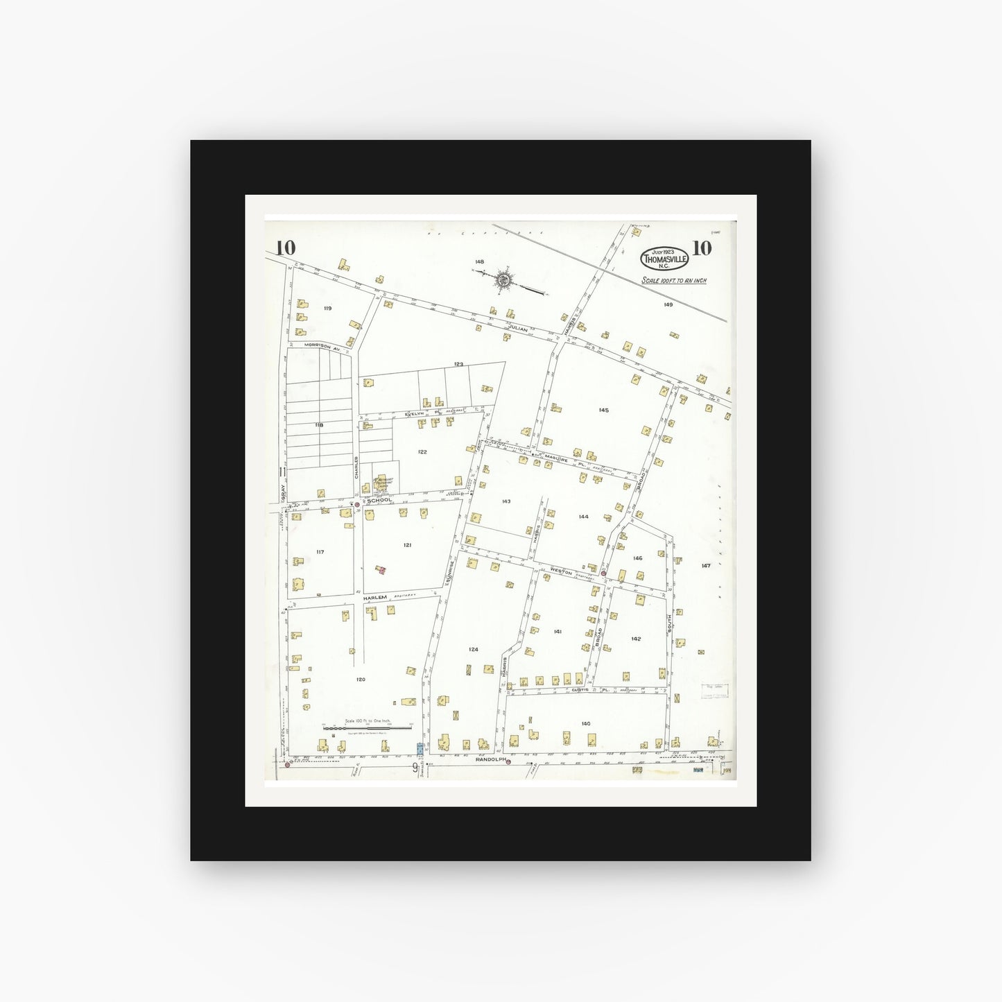 Old map wall art mockup — black gallery frame with white mat — Sanborn Fire Insurance Map from Thomasville, Davidson County, North Carolina (1923), Sheet #0010